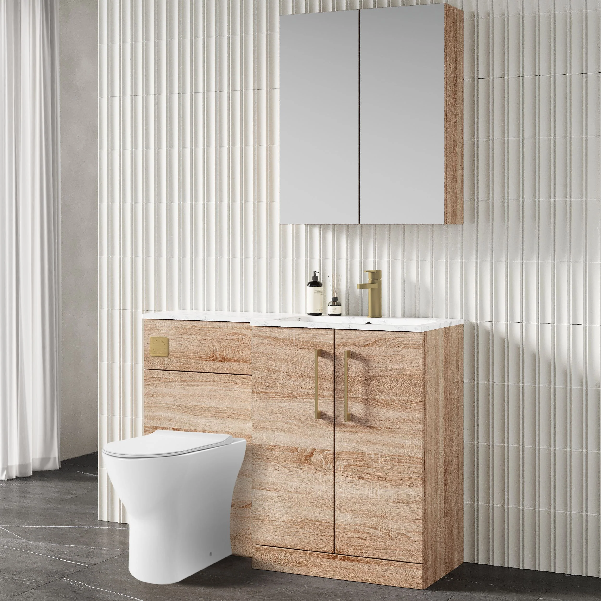 Nuie Arno L-Shaped 1100 Floor Standing Marble Stone Basin Combination Unit - Bleached  Oak with Freya Toilet - Image 6