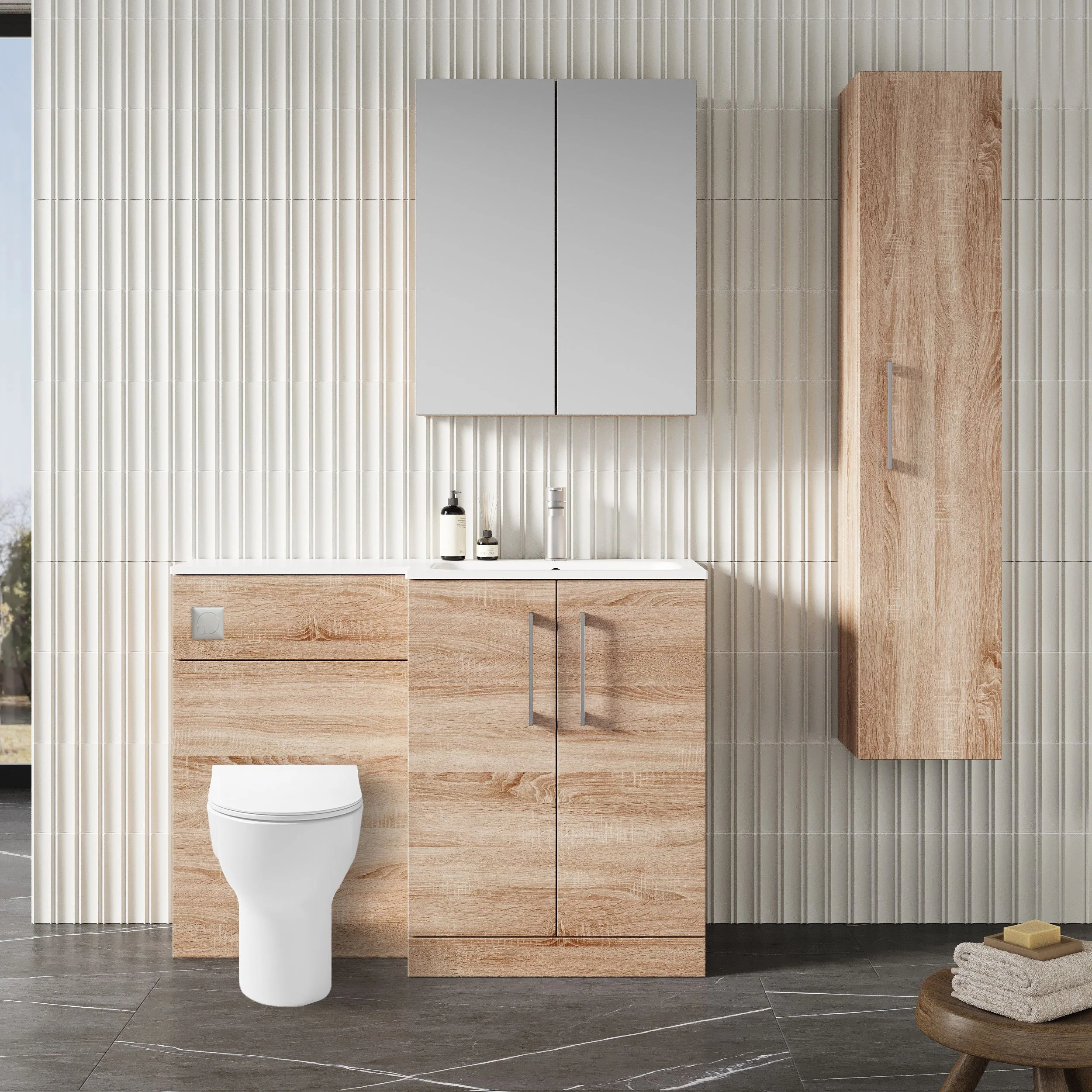 Nuie Arno L-Shaped 1100 Floor Standing Solid Stone Basin Combination Unit - Bleached  Oak with Freya Toilet - Image 2