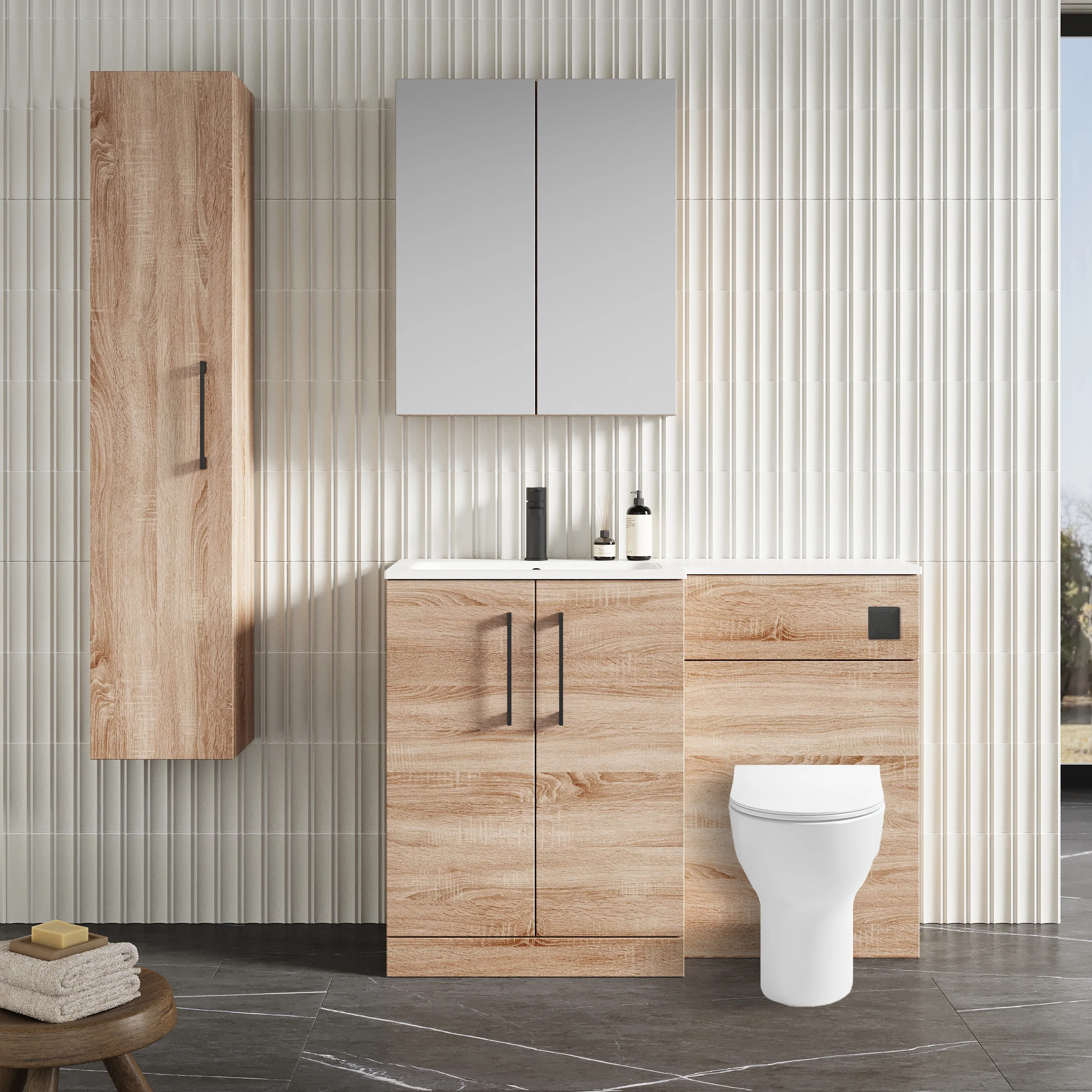 Nuie Arno L-Shaped 1100 Floor Standing Solid Stone Basin Combination Unit - Bleached  Oak with Freya Toilet - Image 3
