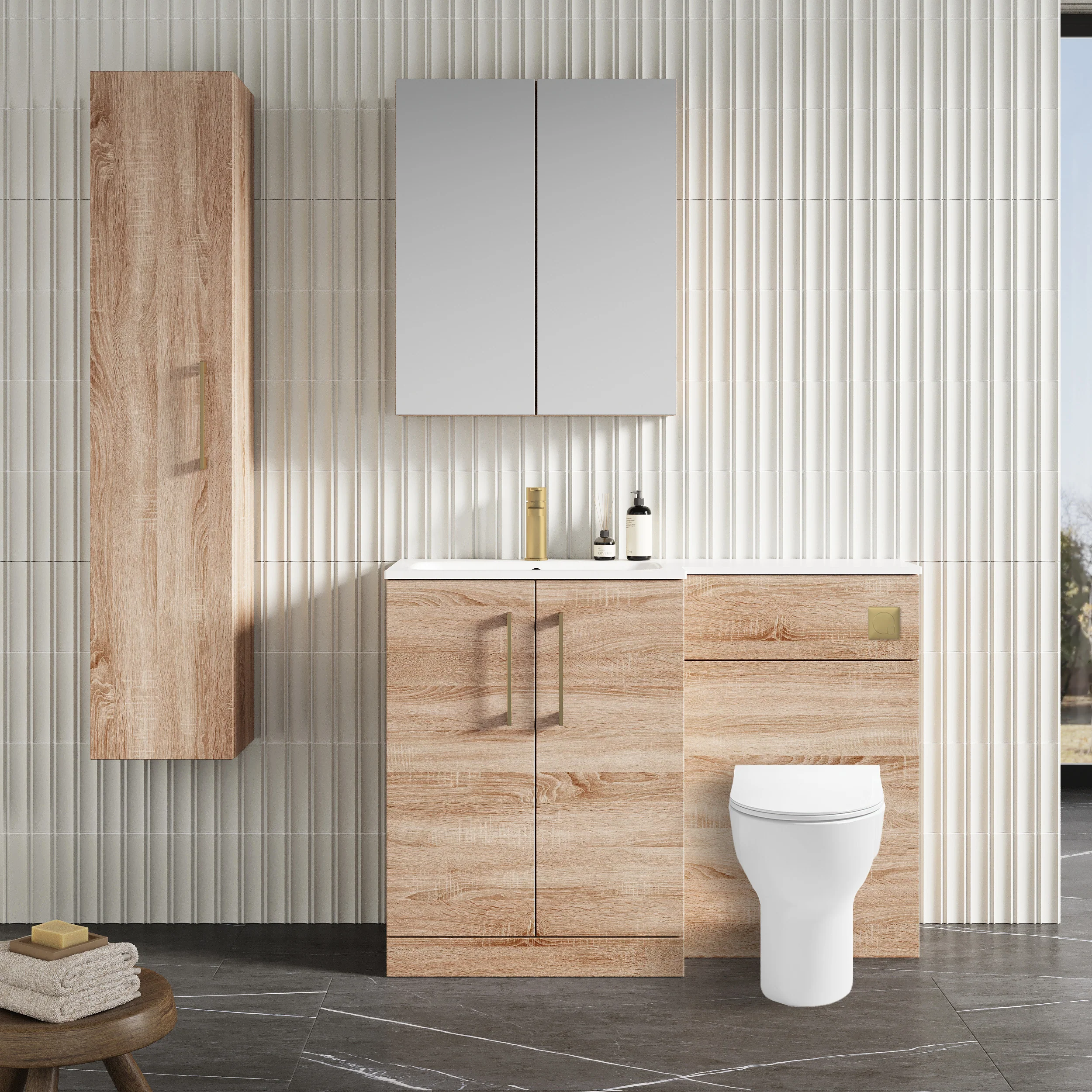 Nuie Arno L-Shaped 1100 Floor Standing Solid Stone Basin Combination Unit - Bleached  Oak with Freya Toilet - Image 5