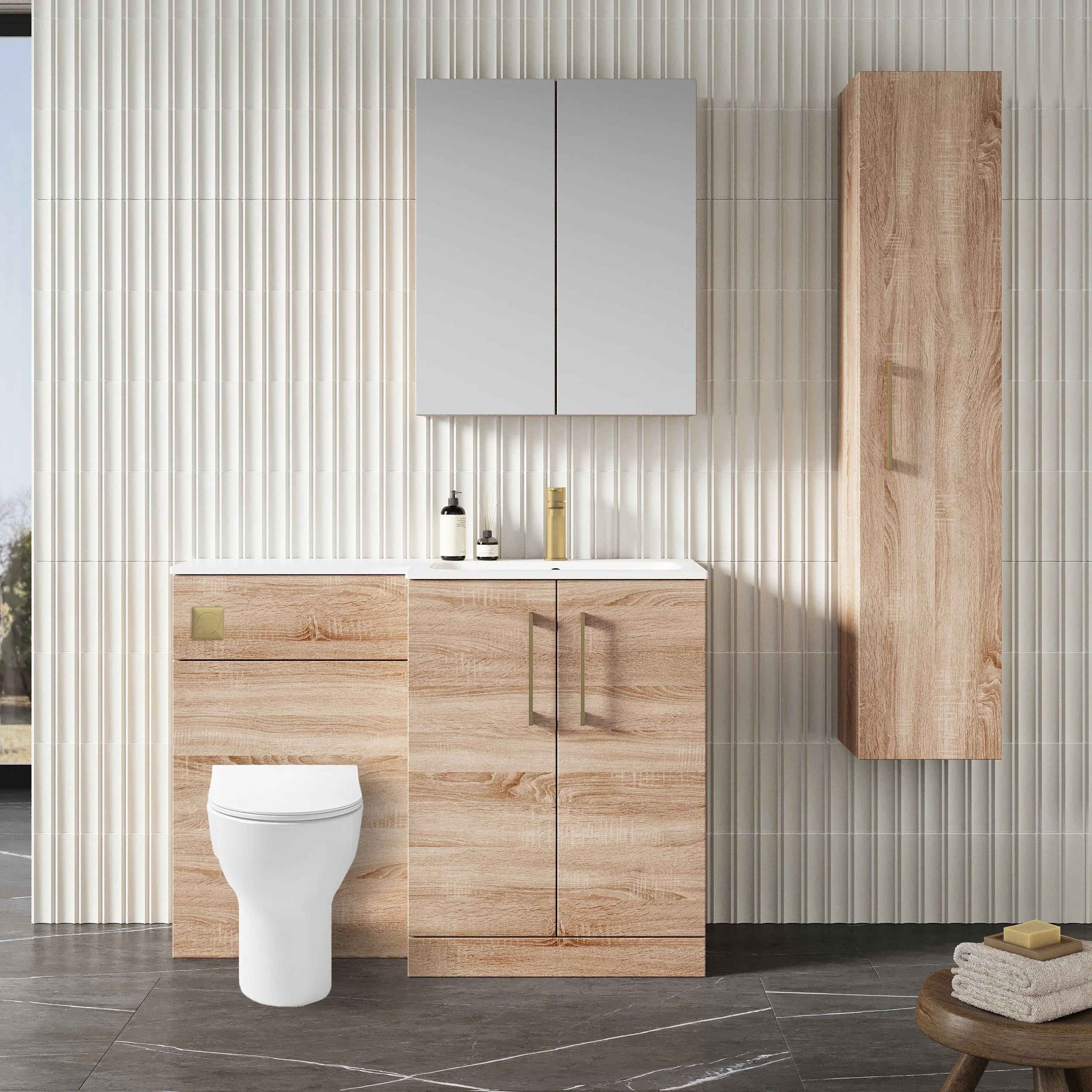 Nuie Arno L-Shaped 1100 Floor Standing Solid Stone Basin Combination Unit - Bleached  Oak with Freya Toilet - Image 6