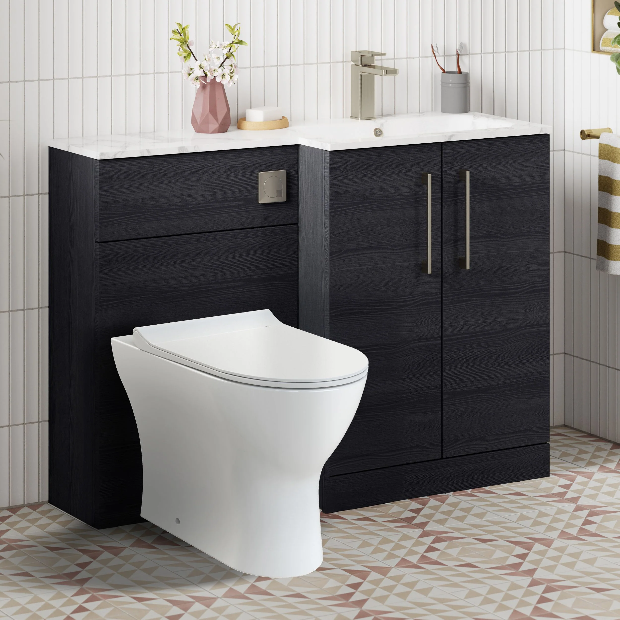 Nuie Arno L-Shaped 1100 Floor Standing Marble Stone Basin Combination Unit - Charcoal Black with Freya Toilet - Image 2