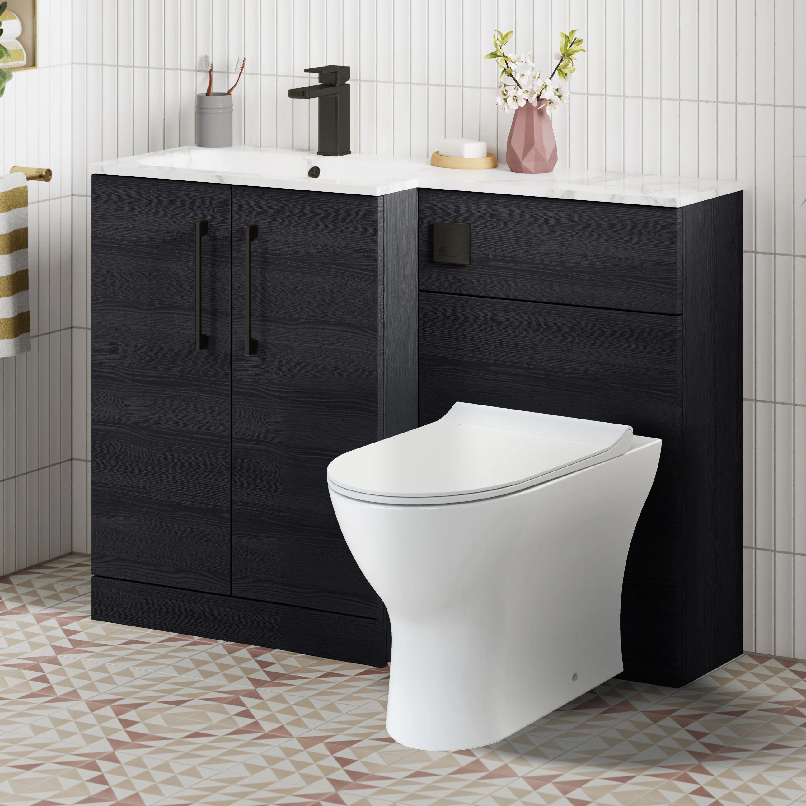 Nuie Arno L-Shaped 1100 Floor Standing Marble Stone Basin Combination Unit - Charcoal Black with Freya Toilet - Image 3