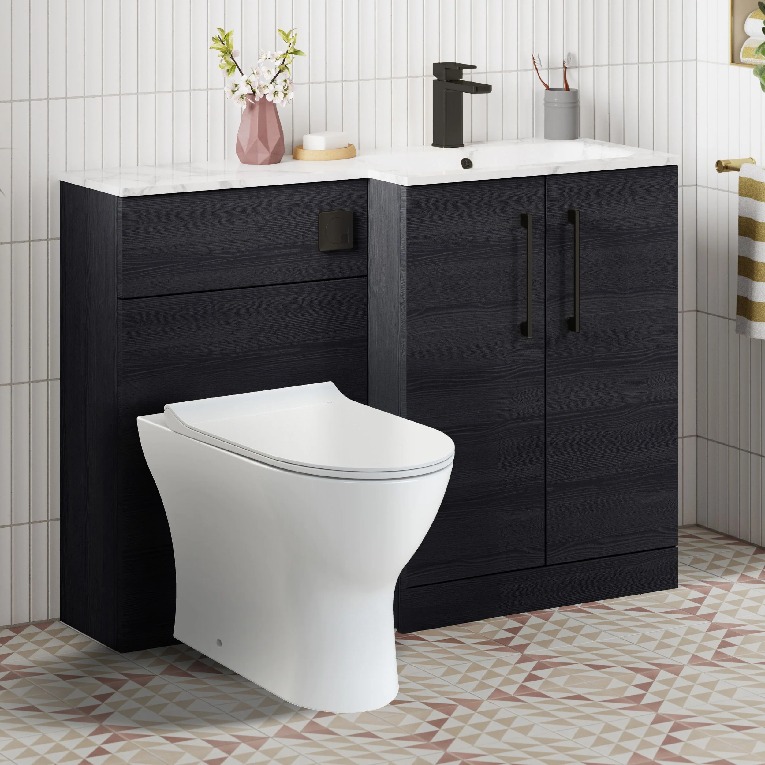 Nuie Arno L-Shaped 1100 Floor Standing Marble Stone Basin Combination Unit - Charcoal Black with Freya Toilet - Image 4