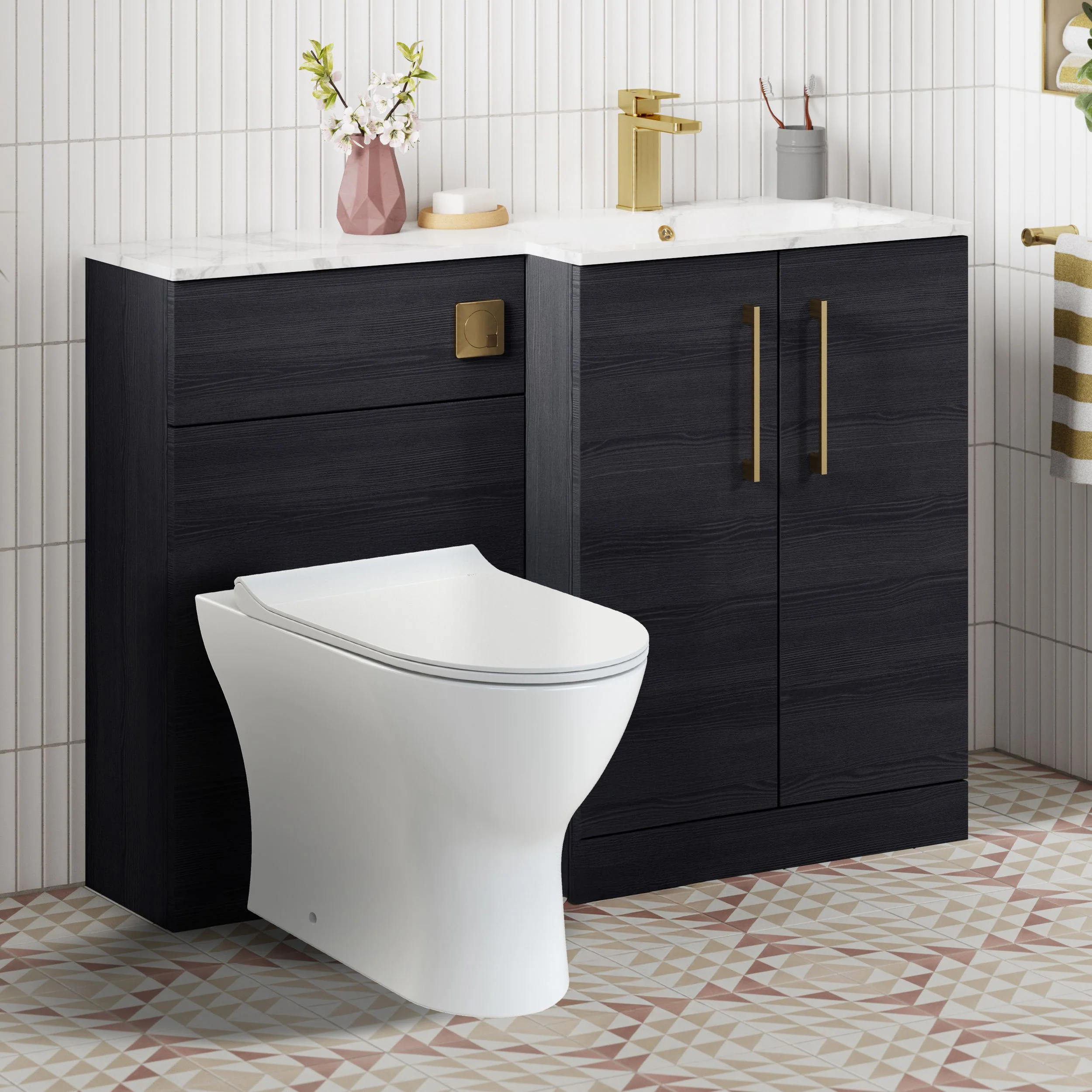 Nuie Arno L-Shaped 1100 Floor Standing Marble Stone Basin Combination Unit - Charcoal Black with Freya Toilet - Image 6