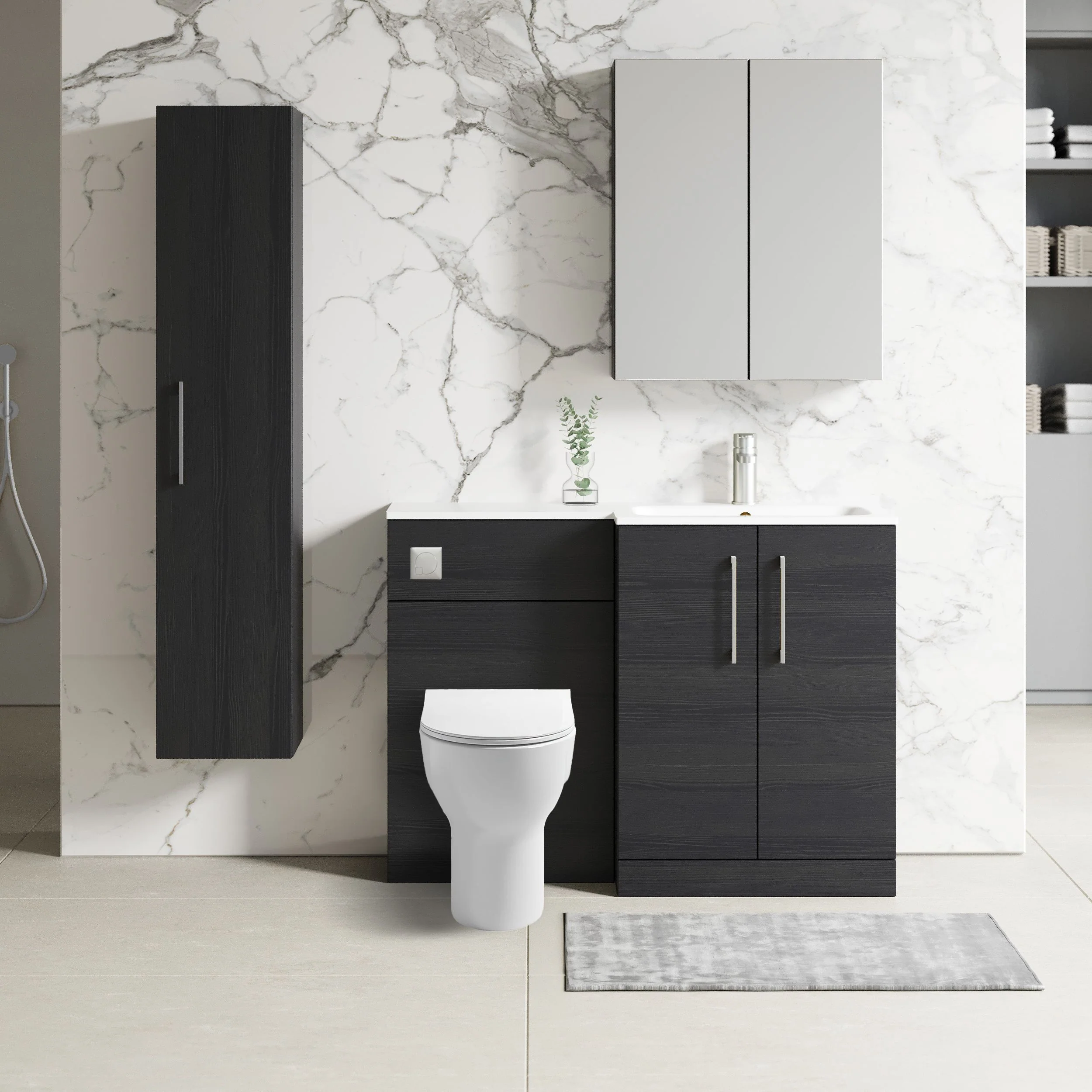 Nuie Arno L-Shaped 1100 Floor Standing Solid Stone Basin Combination Unit - Charcoal Black with Freya Toilet - Image 2
