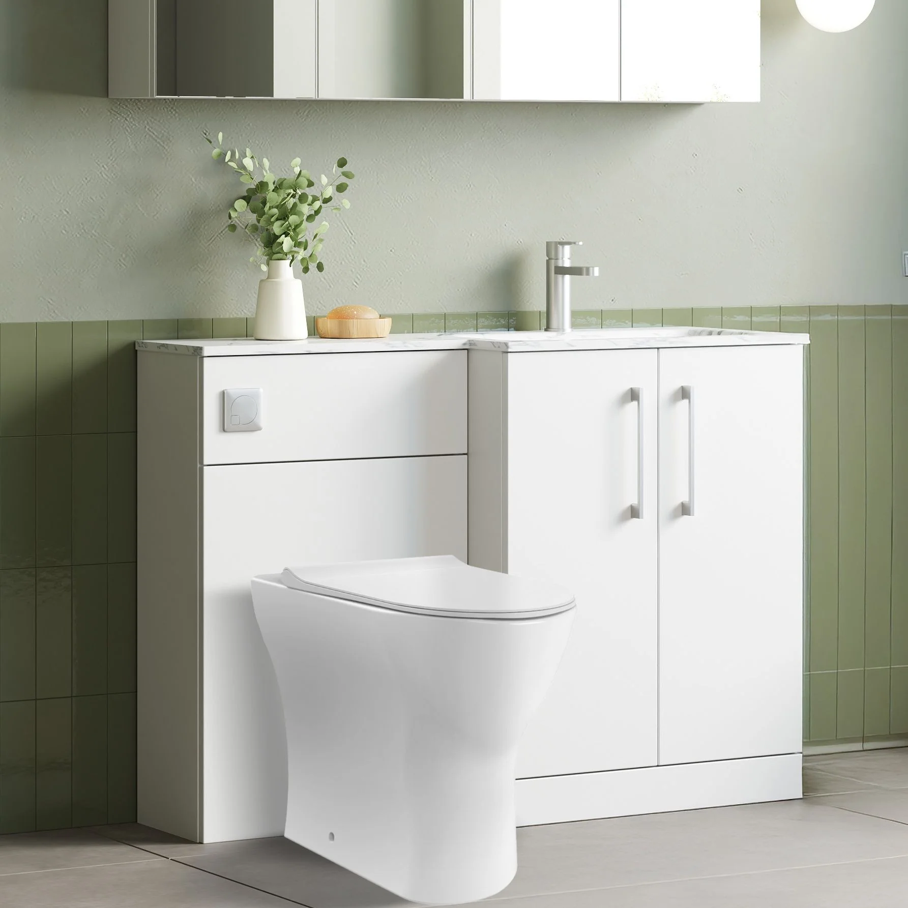 Nuie Arno L-Shaped 1100 Floor Standing Marble Stone Basin Combination Unit - Gloss White with Freya Toilet - Image 2