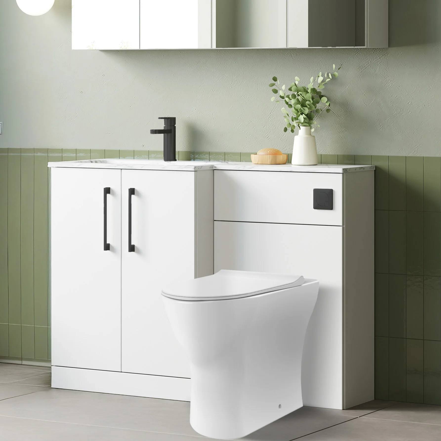 Nuie Arno L-Shaped 1100 Floor Standing Marble Stone Basin Combination Unit - Gloss White with Freya Toilet - Image 3