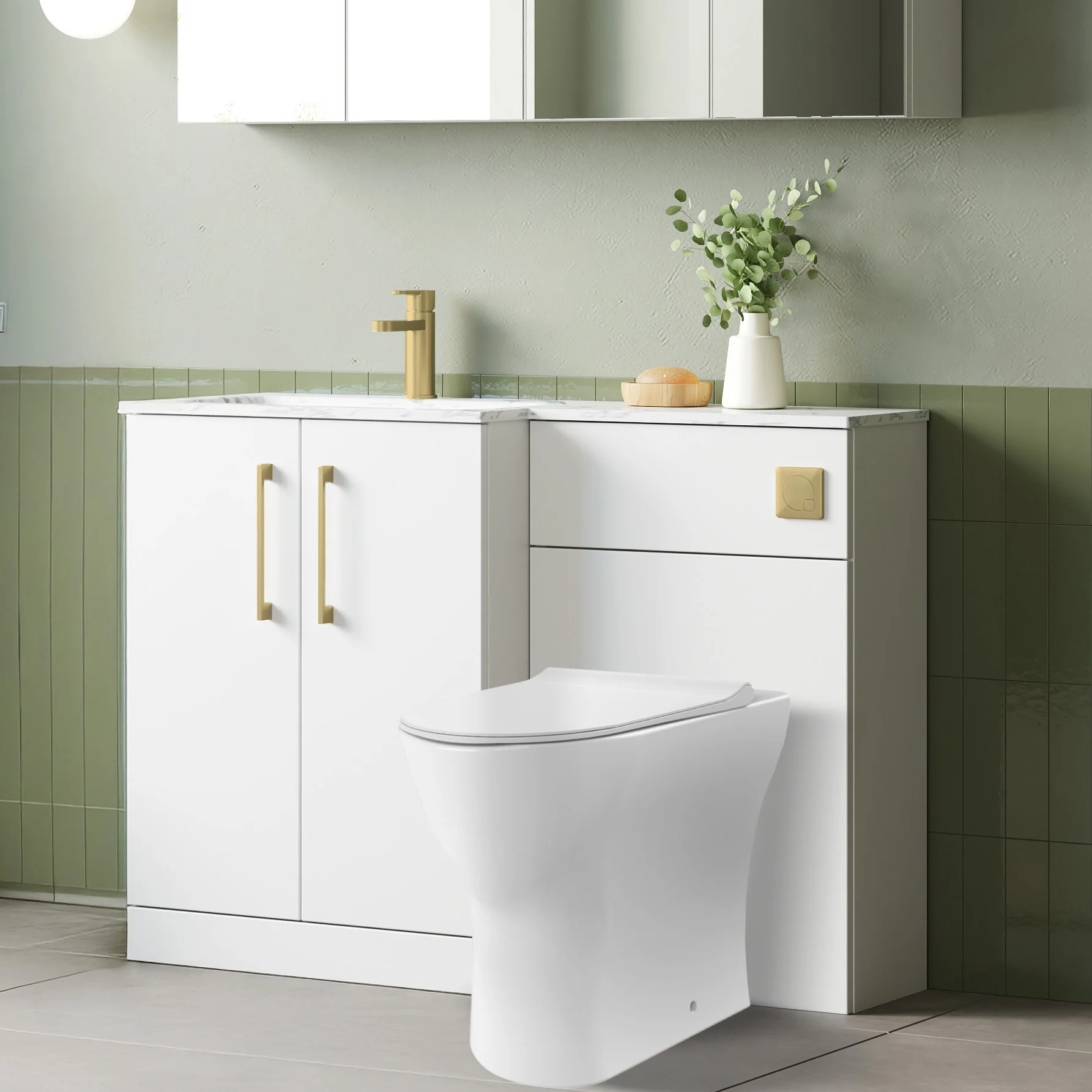 Nuie Arno L-Shaped 1100 Floor Standing Marble Stone Basin Combination Unit - Gloss White with Freya Toilet - Image 5