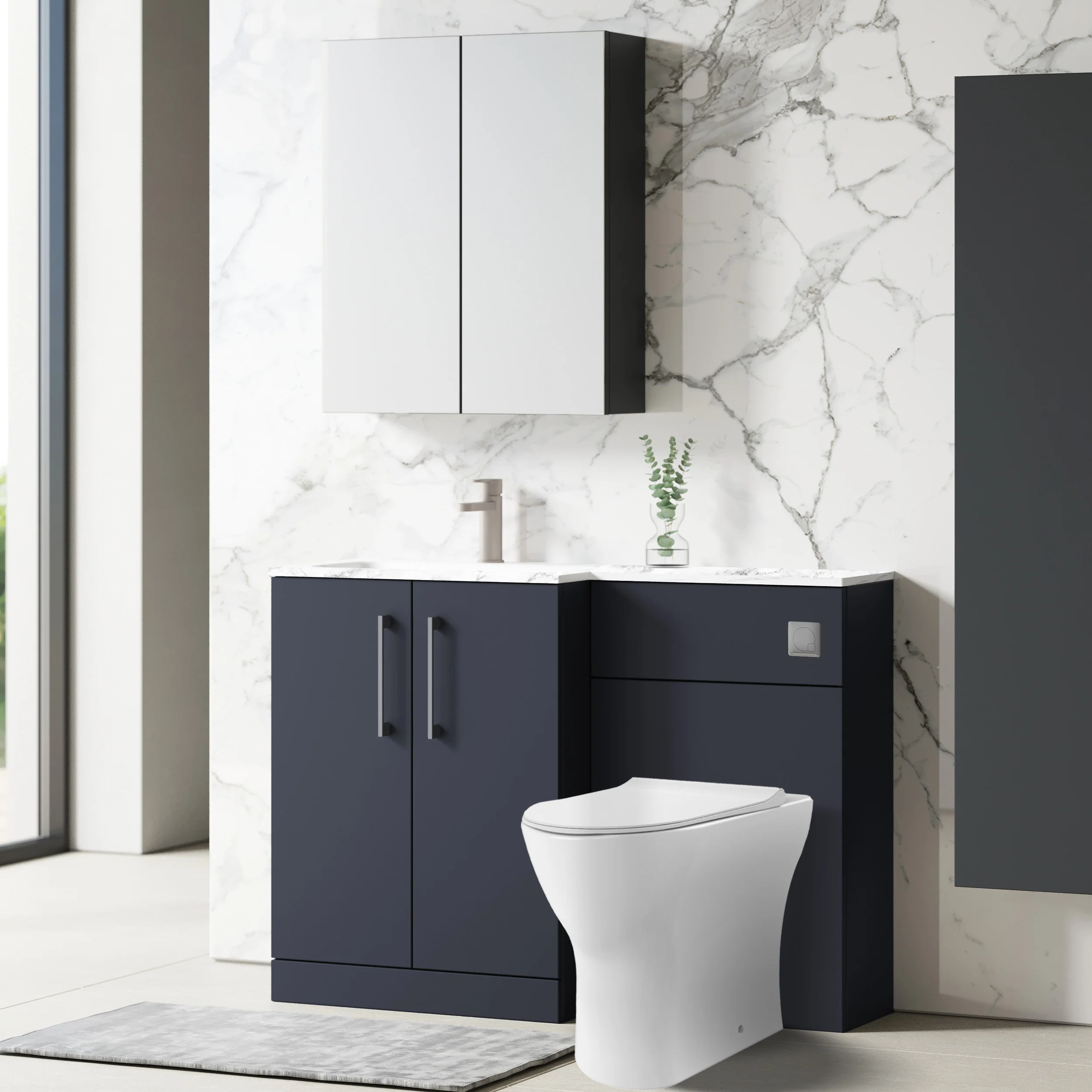 Nuie Arno L-Shaped 1100 Floor Standing Marble Stone Basin Combination Unit - Midnight Blue with Freya Toilet