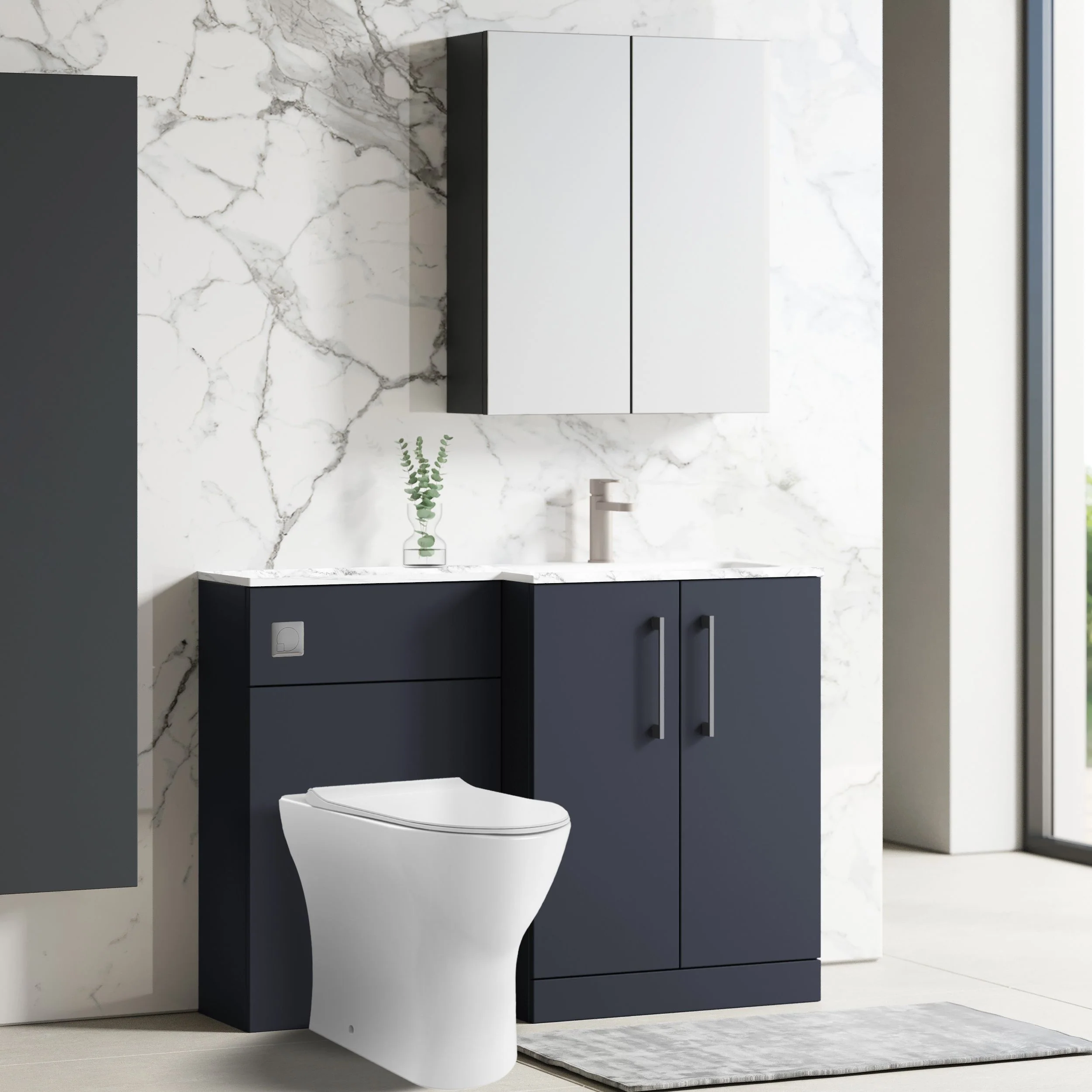 Nuie Arno L-Shaped 1100 Floor Standing Marble Stone Basin Combination Unit - Midnight Blue with Freya Toilet - Image 2