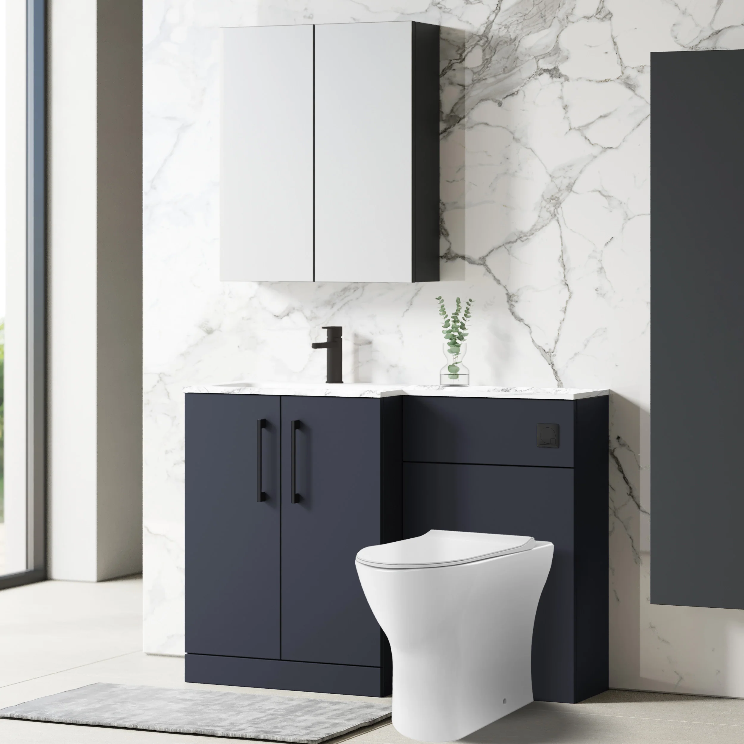 Nuie Arno L-Shaped 1100 Floor Standing Marble Stone Basin Combination Unit - Midnight Blue with Freya Toilet - Image 3