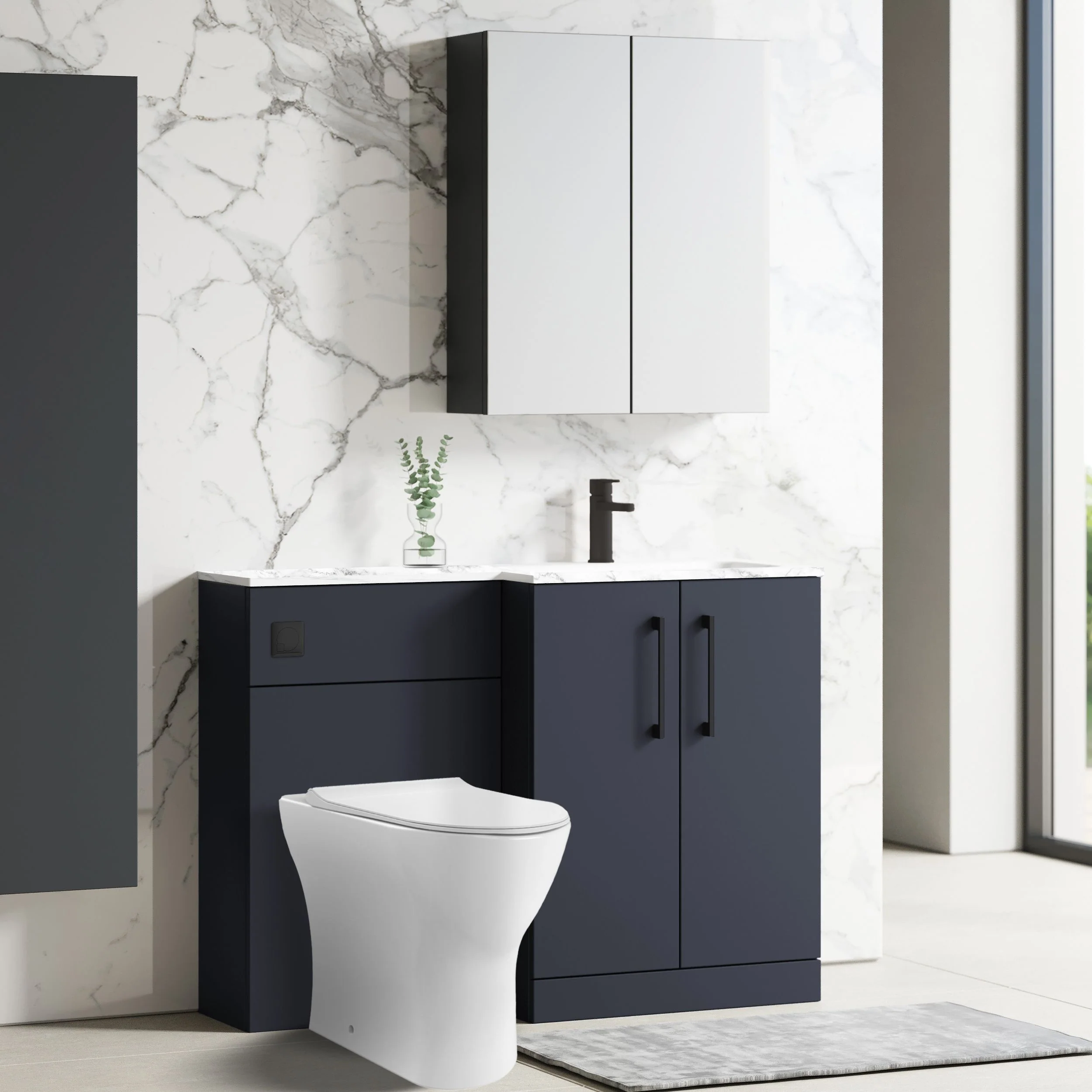 Nuie Arno L-Shaped 1100 Floor Standing Marble Stone Basin Combination Unit - Midnight Blue with Freya Toilet - Image 4
