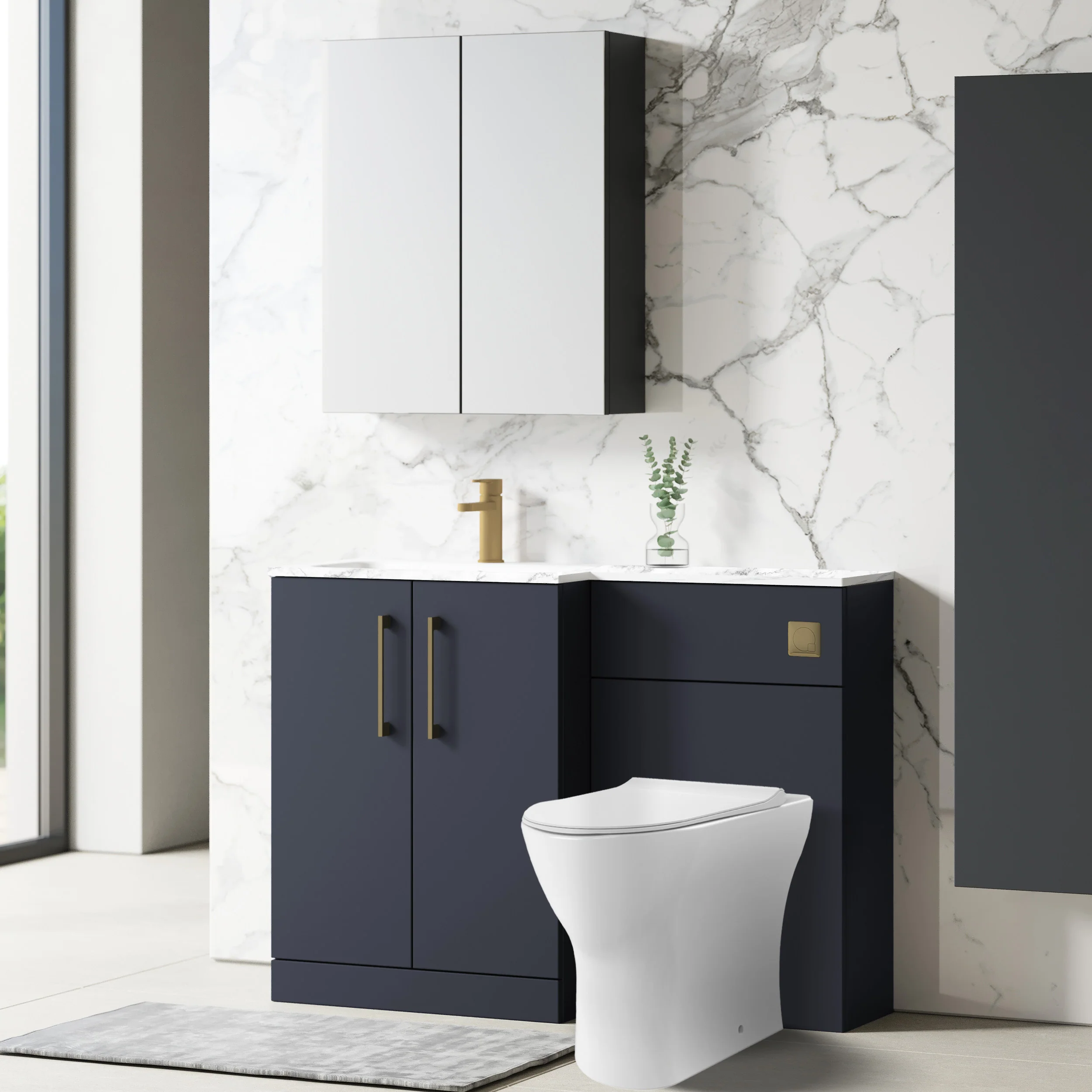 Nuie Arno L-Shaped 1100 Floor Standing Marble Stone Basin Combination Unit - Midnight Blue with Freya Toilet - Image 5