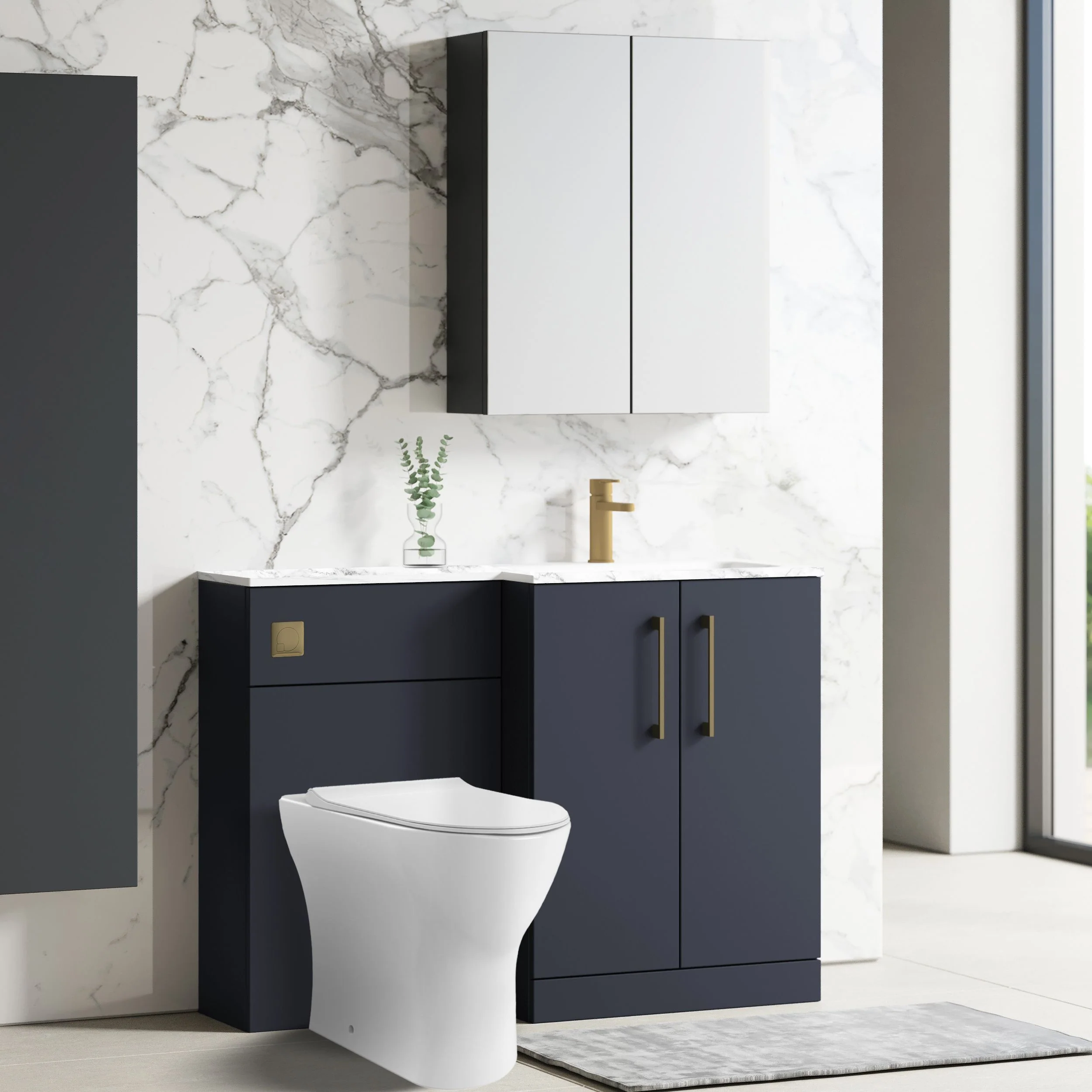 Nuie Arno L-Shaped 1100 Floor Standing Marble Stone Basin Combination Unit - Midnight Blue with Freya Toilet - Image 6
