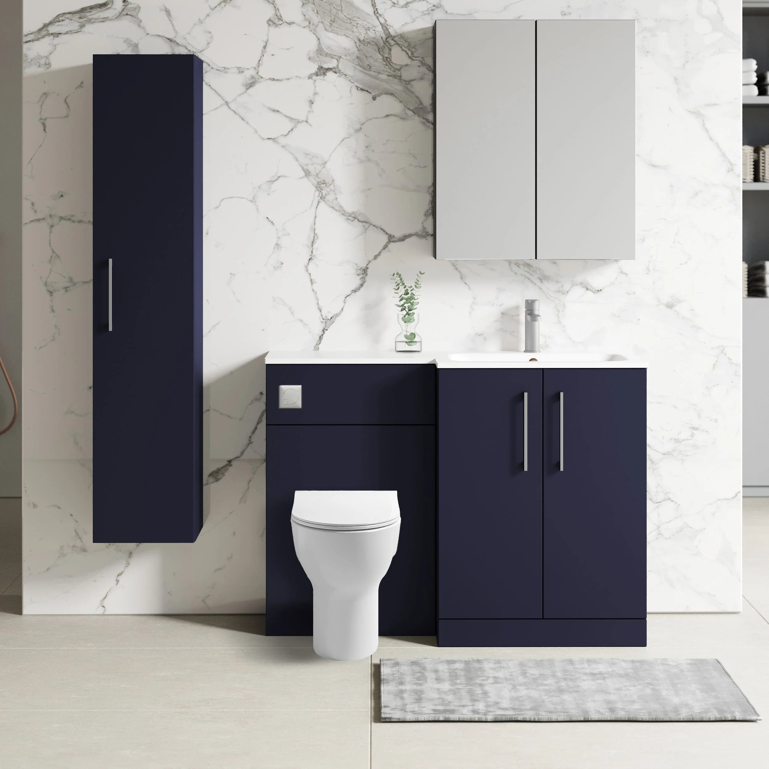 Nuie Arno L-Shaped 1100 Floor Standing Solid Stone Basin Combination Unit - Midnight Blue with Freya Toilet - Image 2