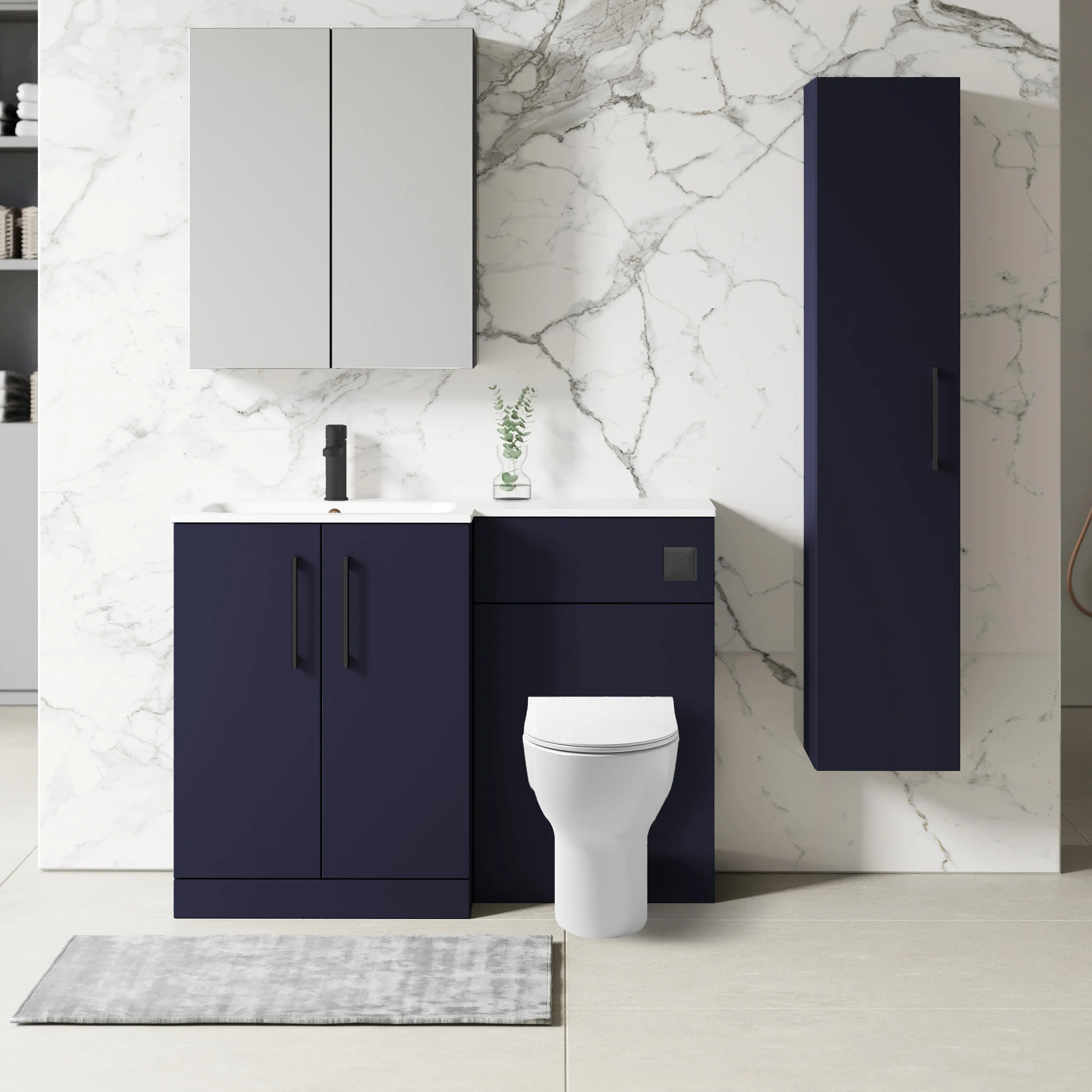 Nuie Arno L-Shaped 1100 Floor Standing Solid Stone Basin Combination Unit - Midnight Blue with Freya Toilet - Image 3