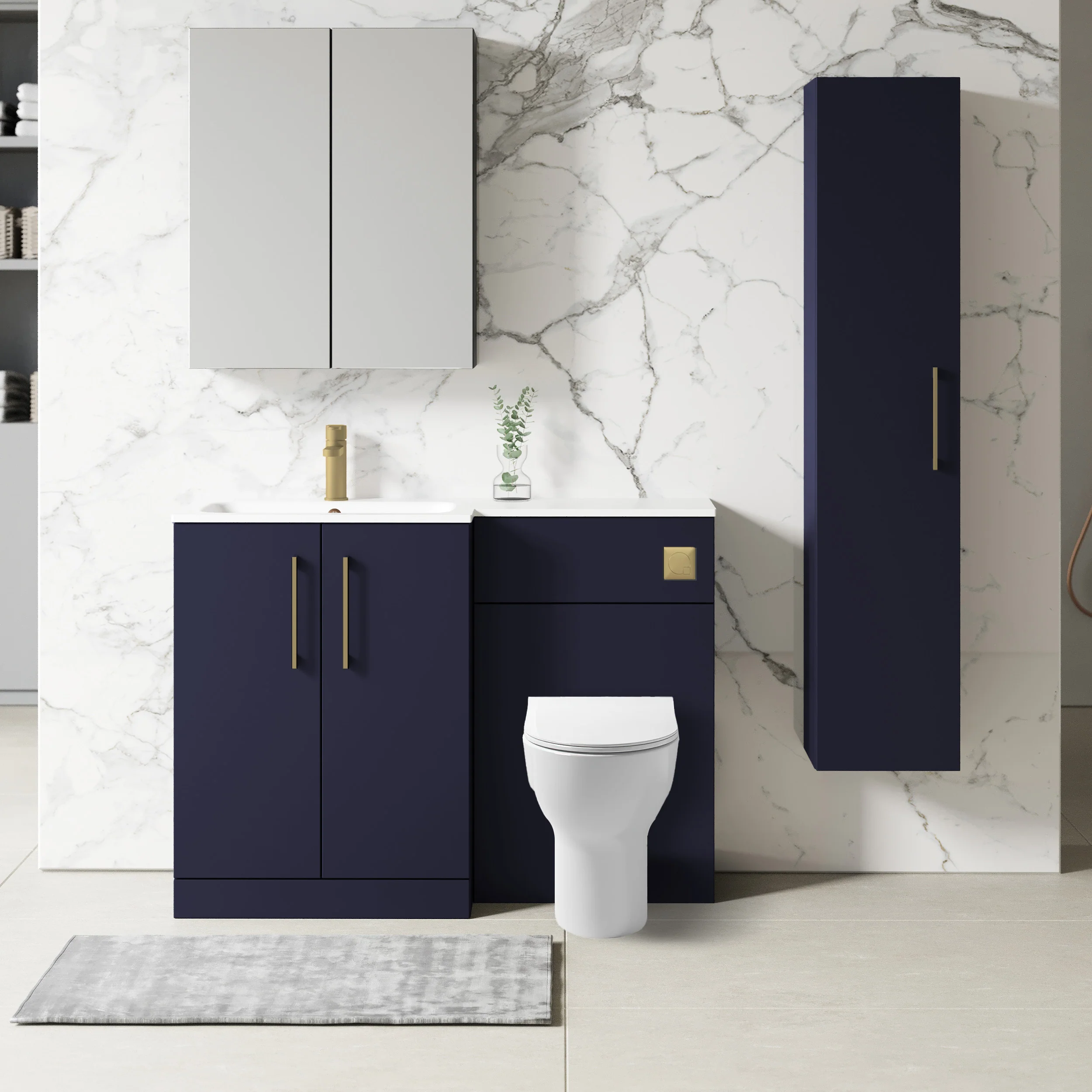 Nuie Arno L-Shaped 1100 Floor Standing Solid Stone Basin Combination Unit - Midnight Blue with Freya Toilet - Image 5