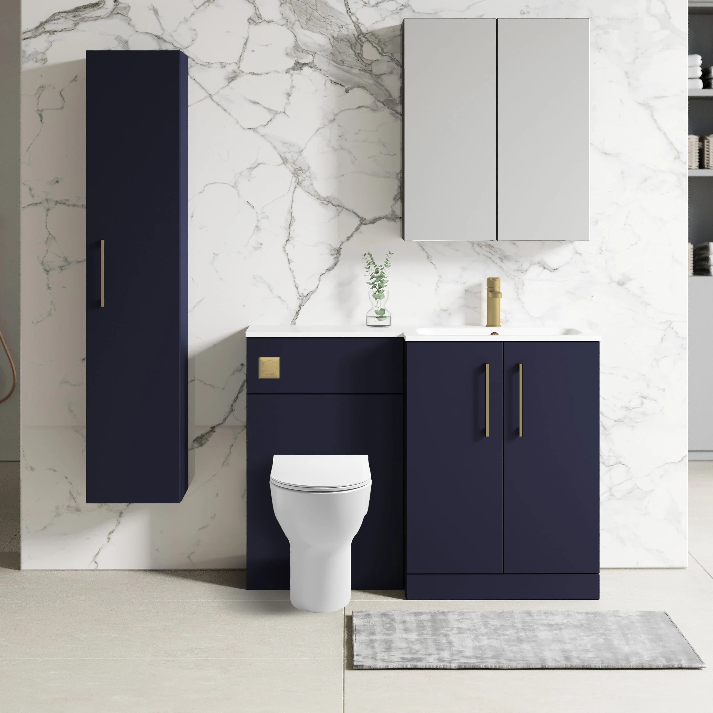 Nuie Arno L-Shaped 1100 Floor Standing Solid Stone Basin Combination Unit - Midnight Blue with Freya Toilet - Image 6