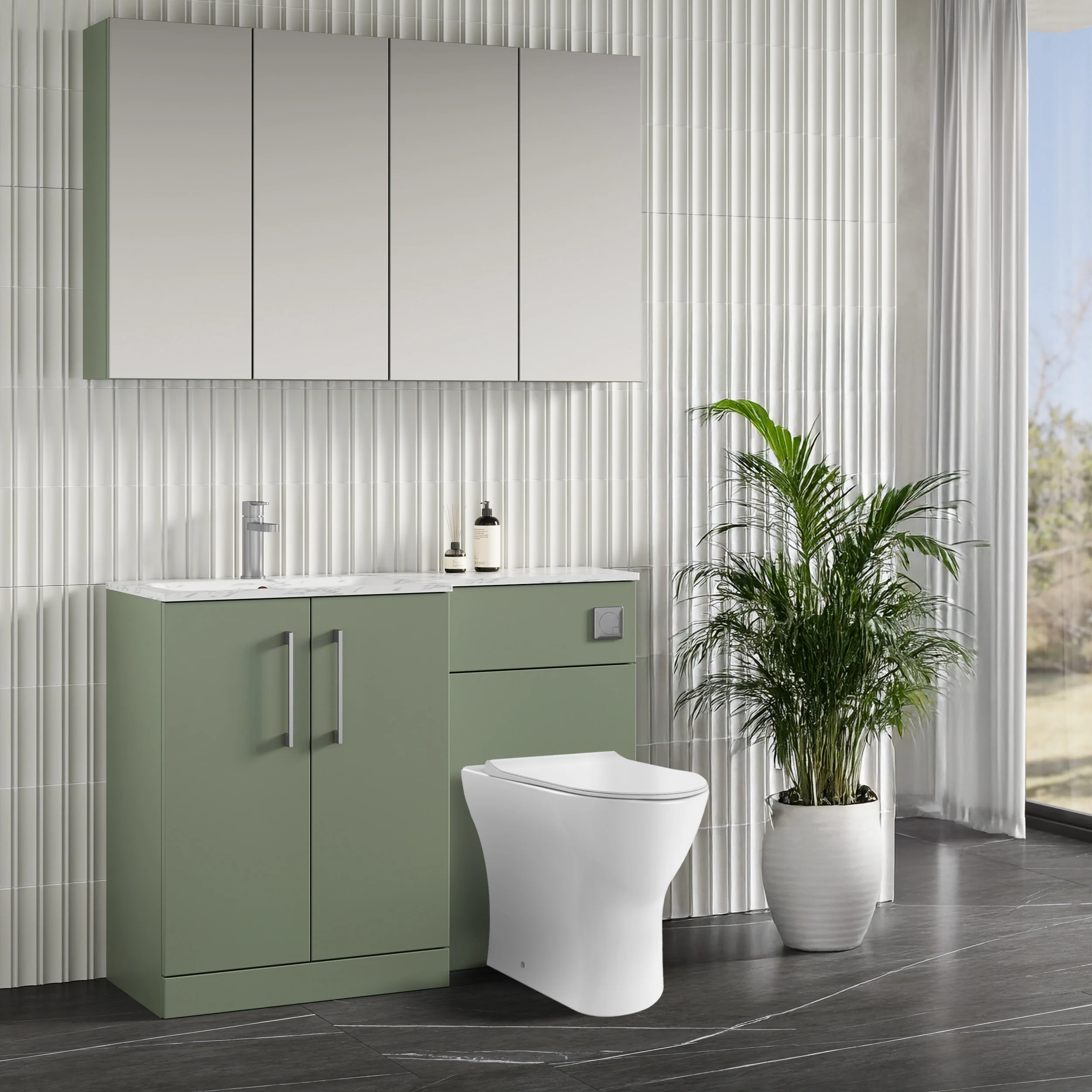 Nuie Arno L-Shaped 1100 Floor Standing Marble Stone Basin Combination Unit - Satin Green with Freya Toilet