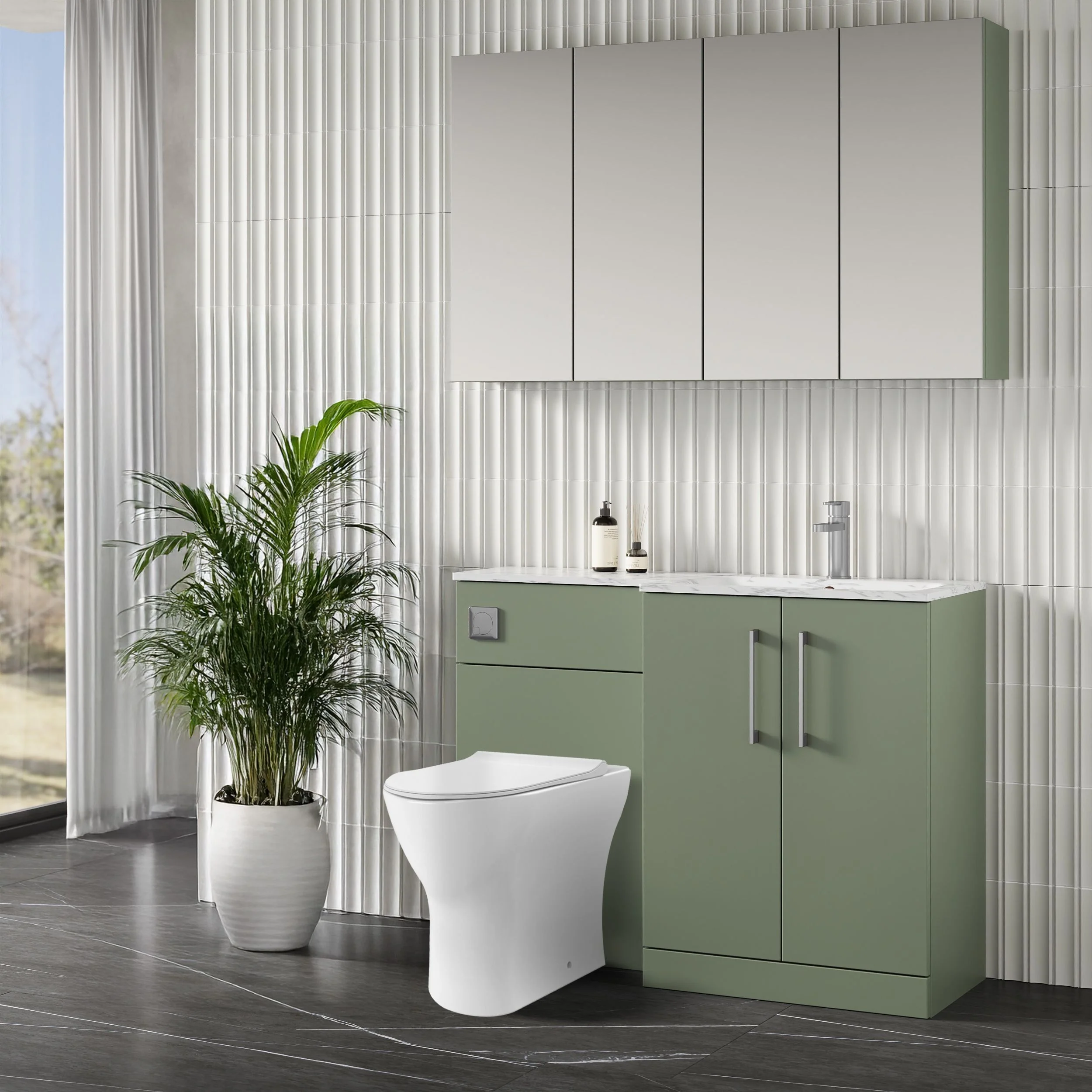 Nuie Arno L-Shaped 1100 Floor Standing Marble Stone Basin Combination Unit - Satin Green with Freya Toilet - Image 2