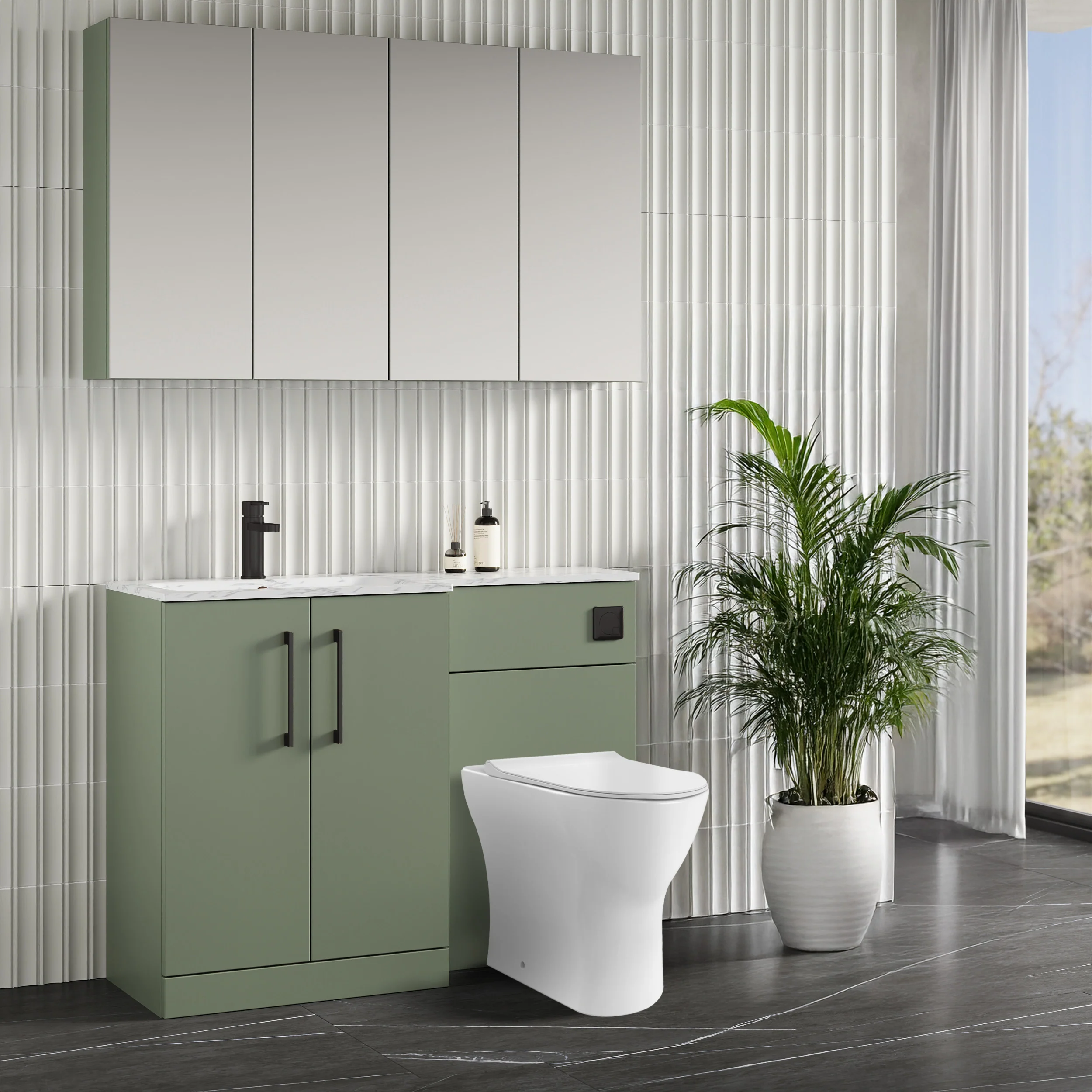 Nuie Arno L-Shaped 1100 Floor Standing Marble Stone Basin Combination Unit - Satin Green with Freya Toilet - Image 3