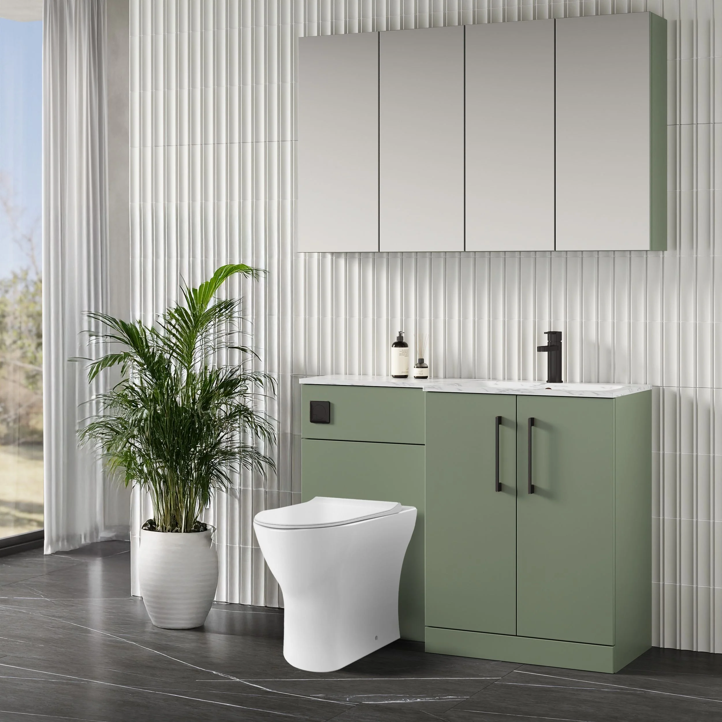 Nuie Arno L-Shaped 1100 Floor Standing Marble Stone Basin Combination Unit - Satin Green with Freya Toilet - Image 4