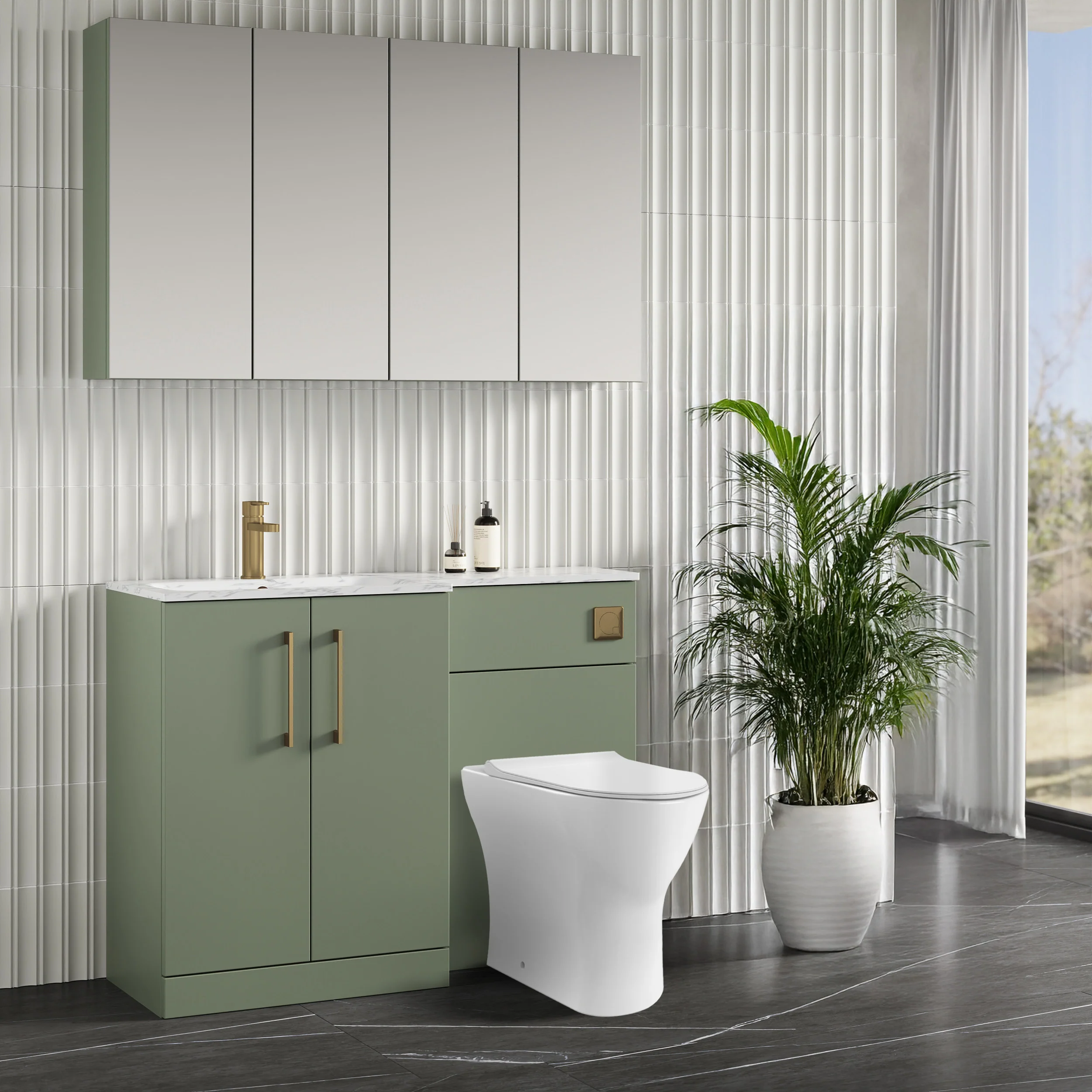 Nuie Arno L-Shaped 1100 Floor Standing Marble Stone Basin Combination Unit - Satin Green with Freya Toilet - Image 5