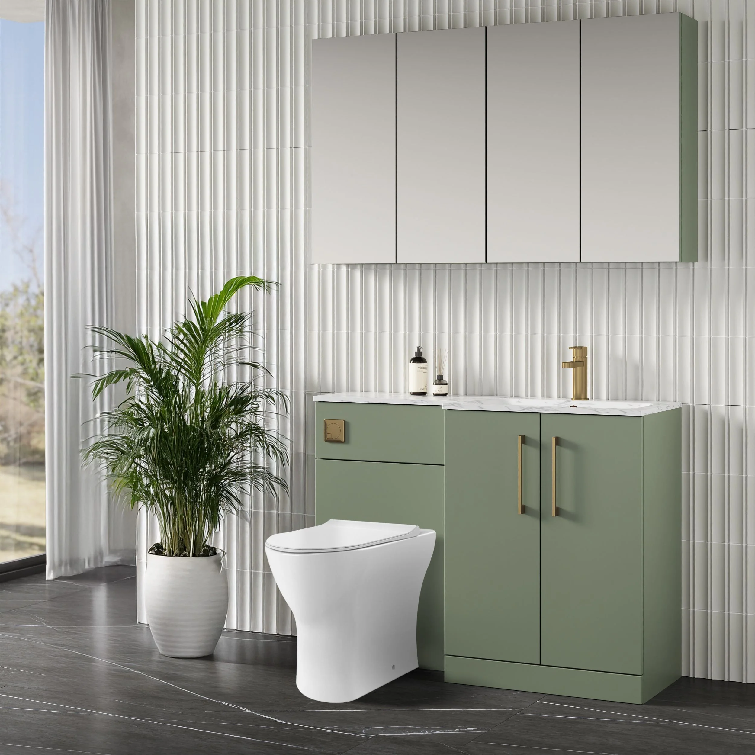 Nuie Arno L-Shaped 1100 Floor Standing Marble Stone Basin Combination Unit - Satin Green with Freya Toilet - Image 6