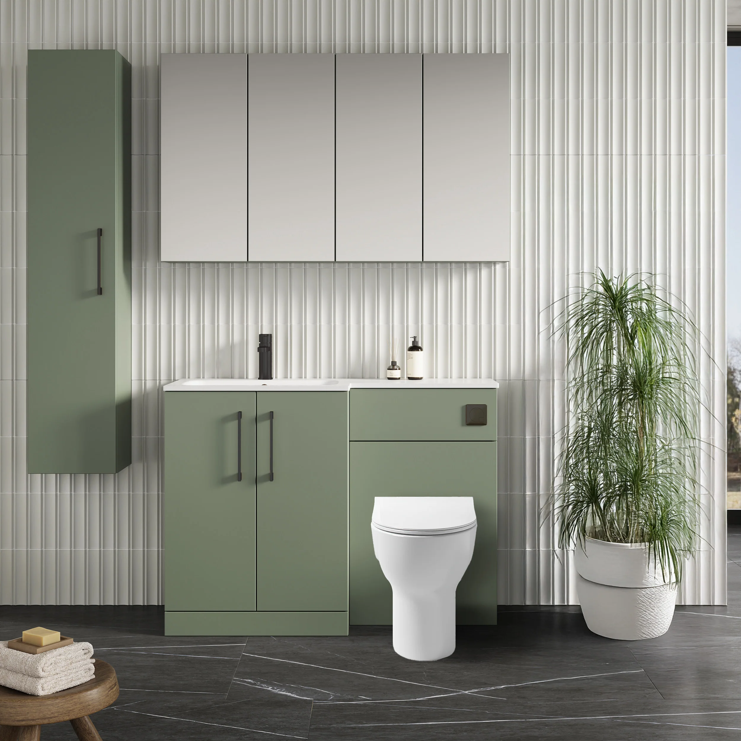 Nuie Arno L-Shaped 1100 Floor Standing Solid Stone Basin Combination Unit - Satin Green with Freya Toilet - Image 3