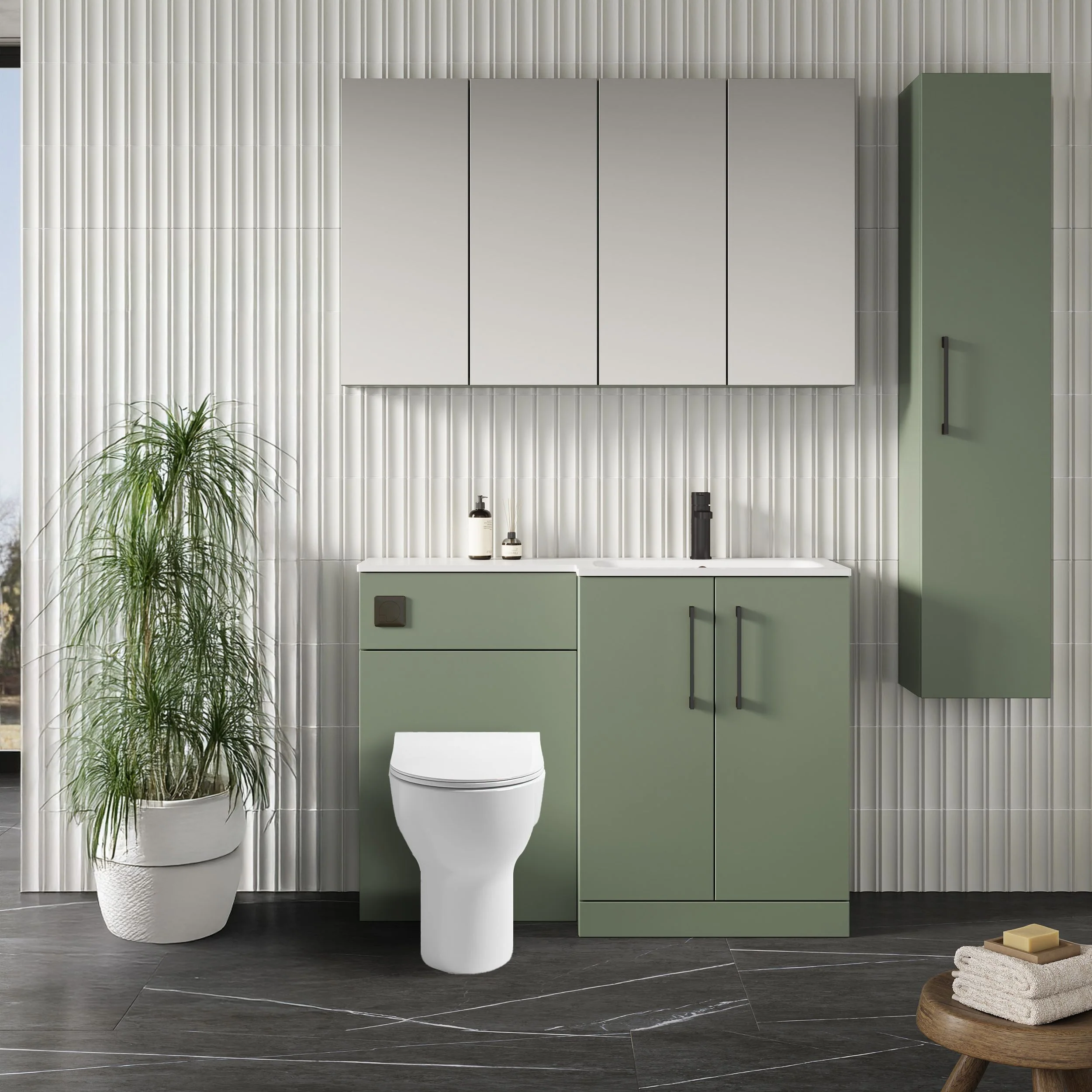 Nuie Arno L-Shaped 1100 Floor Standing Solid Stone Basin Combination Unit - Satin Green with Freya Toilet - Image 4