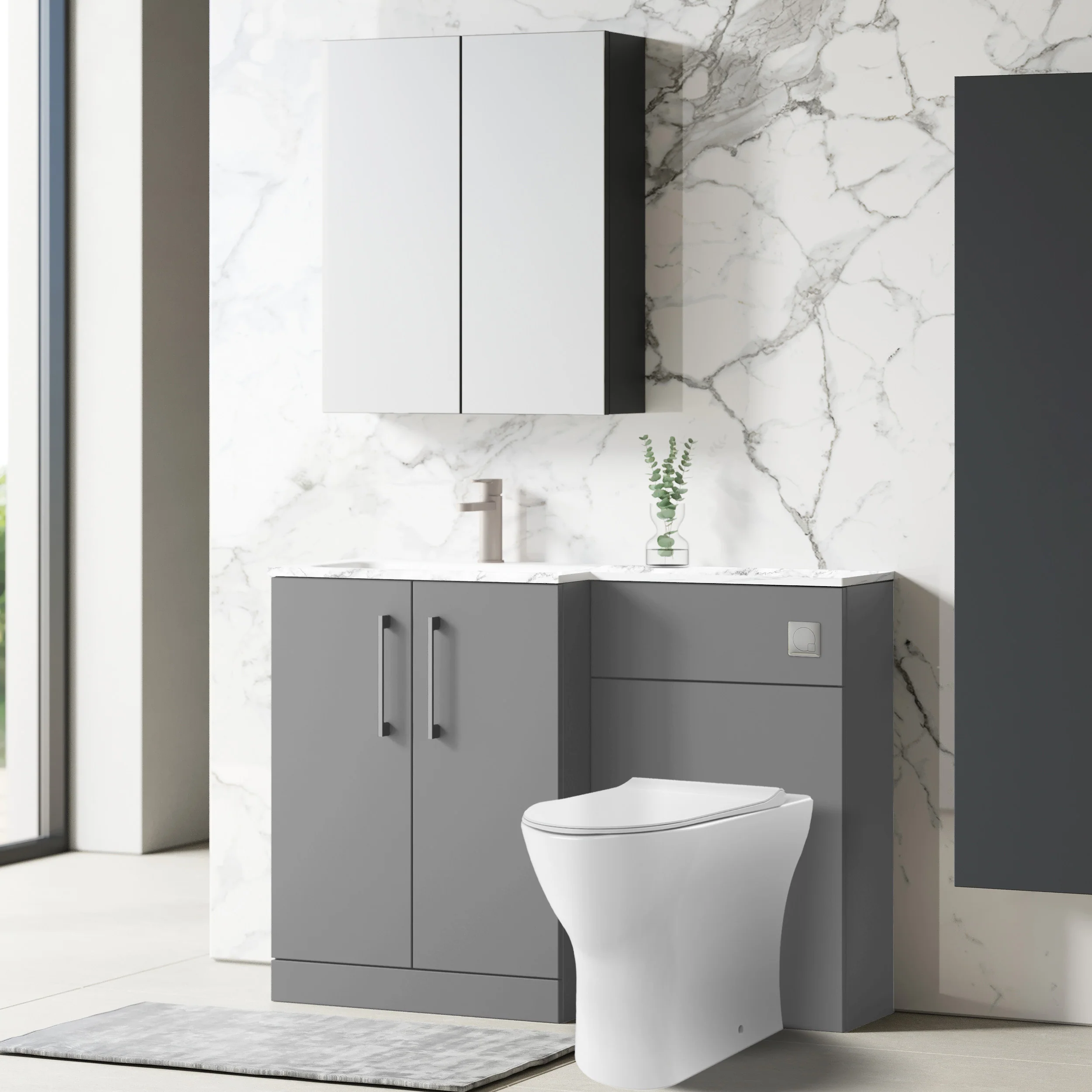 Nuie Arno L-Shaped 1100 Floor Standing Marble Stone Basin Combination Unit - Satin Grey with Freya Toilet