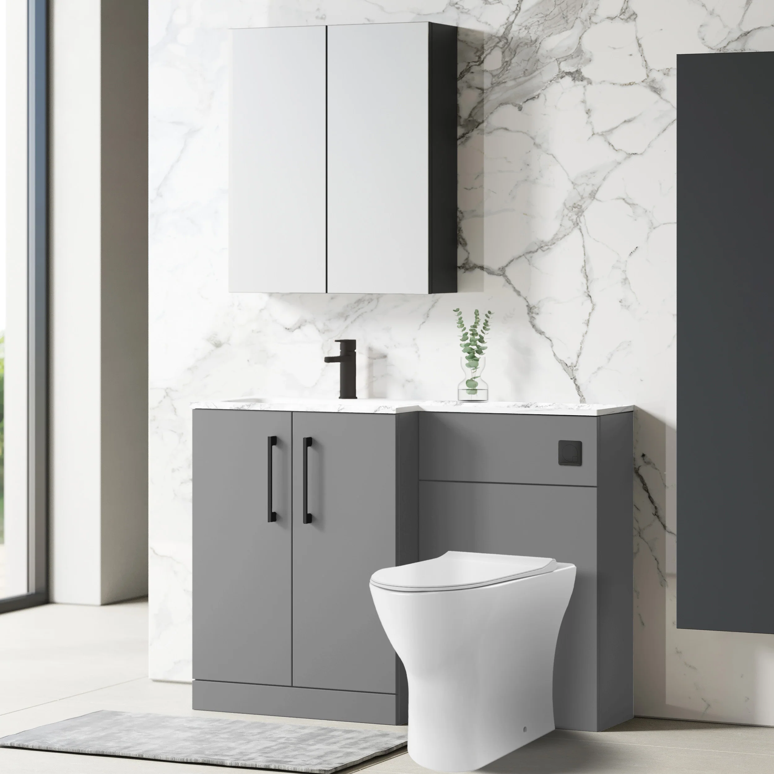 Nuie Arno L-Shaped 1100 Floor Standing Marble Stone Basin Combination Unit - Satin Grey with Freya Toilet - Image 3