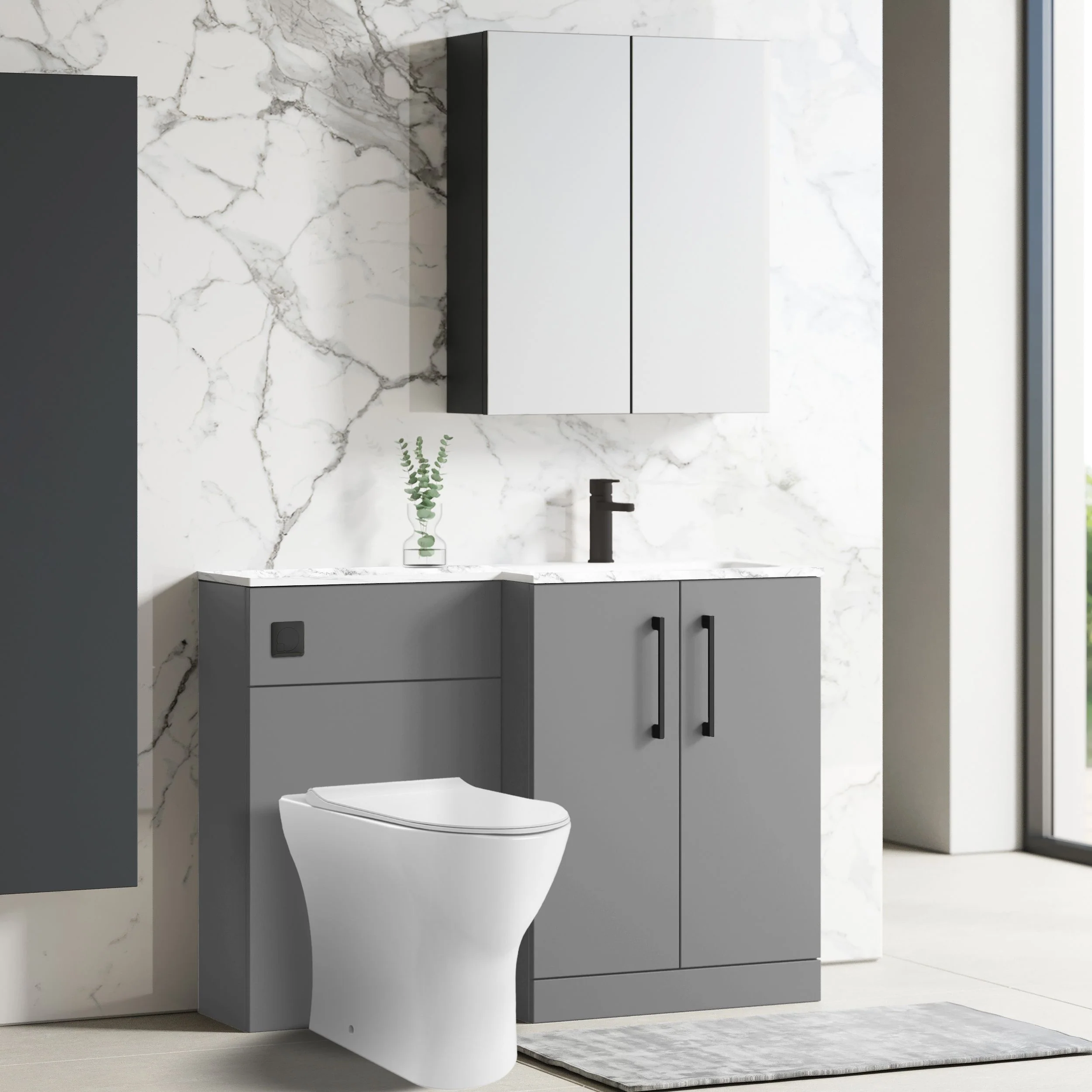 Nuie Arno L-Shaped 1100 Floor Standing Marble Stone Basin Combination Unit - Satin Grey with Freya Toilet - Image 4