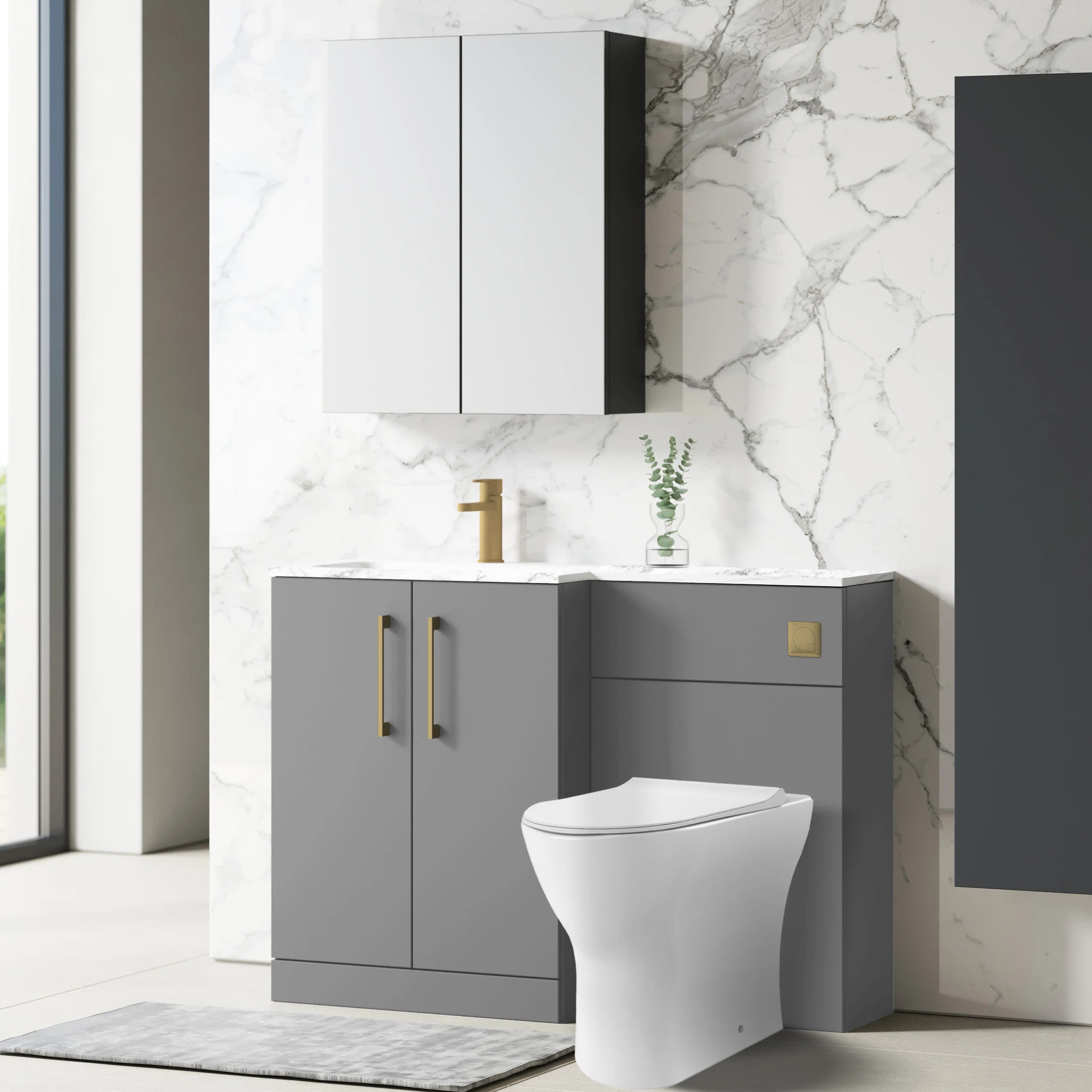 Nuie Arno L-Shaped 1100 Floor Standing Marble Stone Basin Combination Unit - Satin Grey with Freya Toilet - Image 5