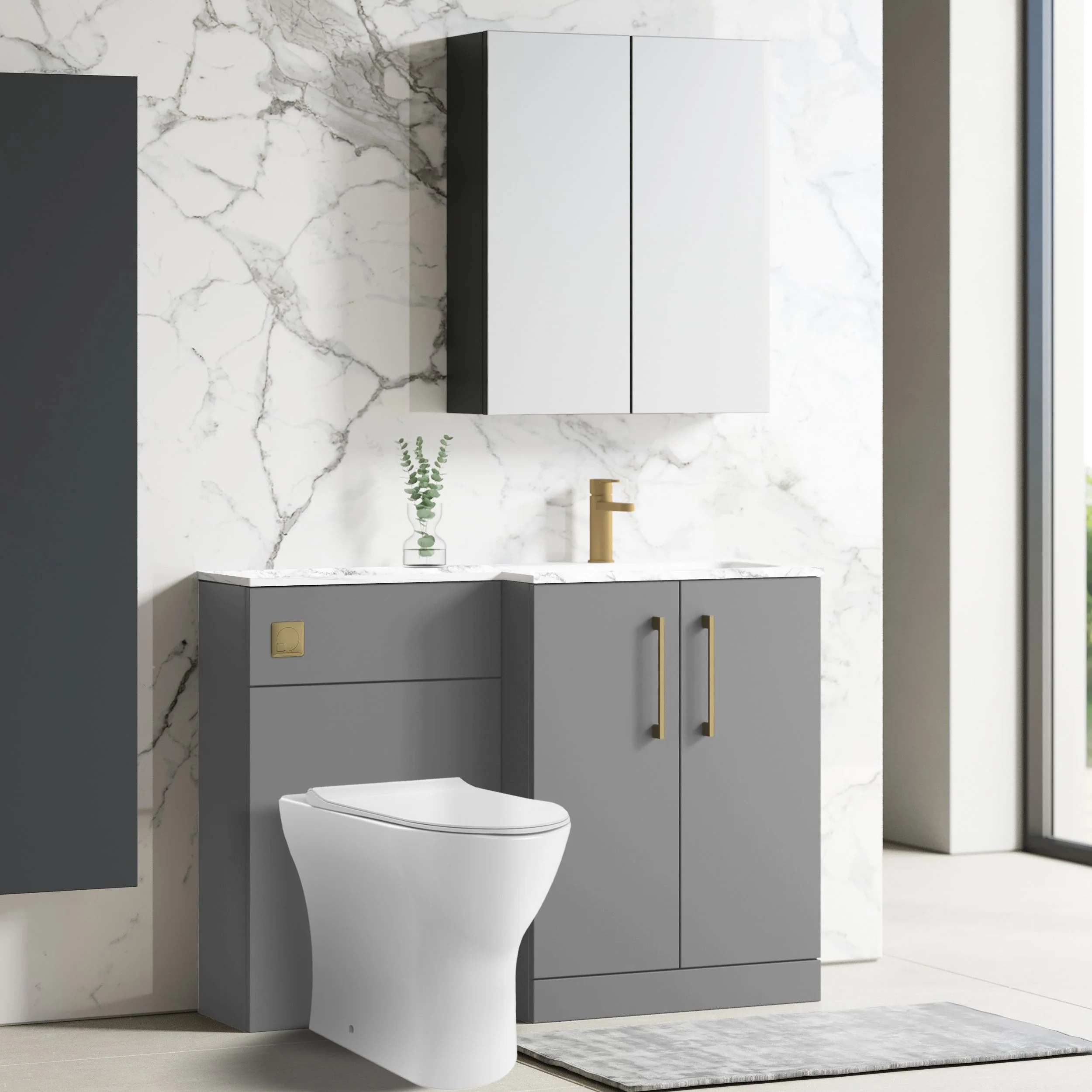 Nuie Arno L-Shaped 1100 Floor Standing Marble Stone Basin Combination Unit - Satin Grey with Freya Toilet - Image 6