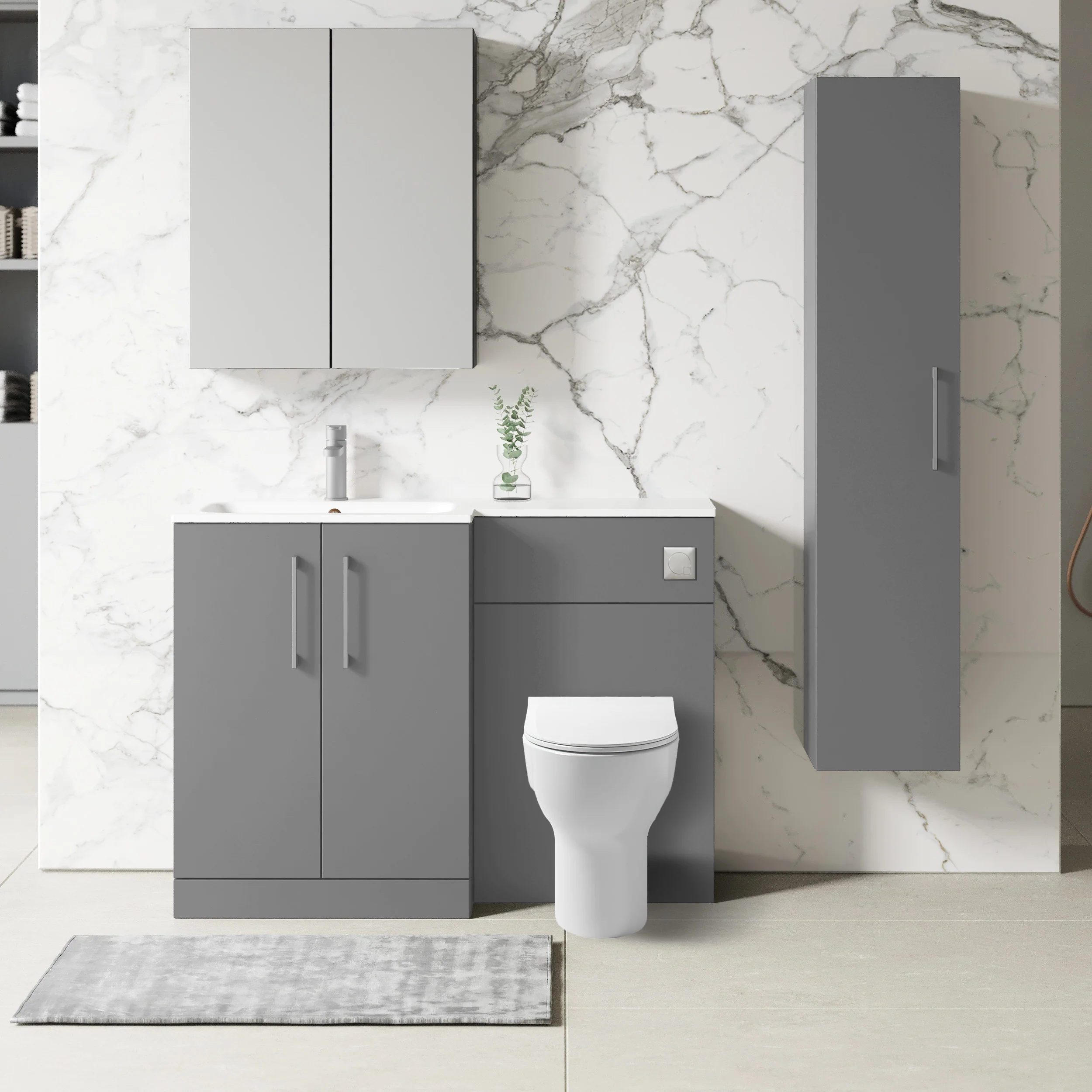 Nuie Arno L-Shaped 1100 Floor Standing Solid Stone Basin Combination Unit - Satin Grey with Freya Toilet
