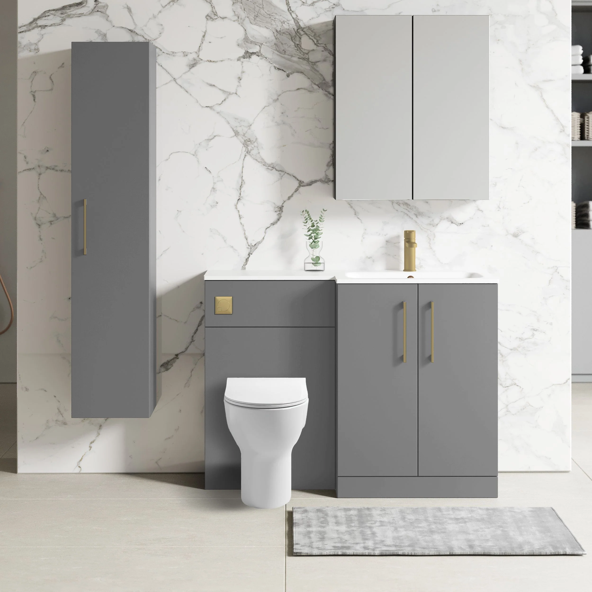 Nuie Arno L-Shaped 1100 Floor Standing Solid Stone Basin Combination Unit - Satin Grey with Freya Toilet - Image 6