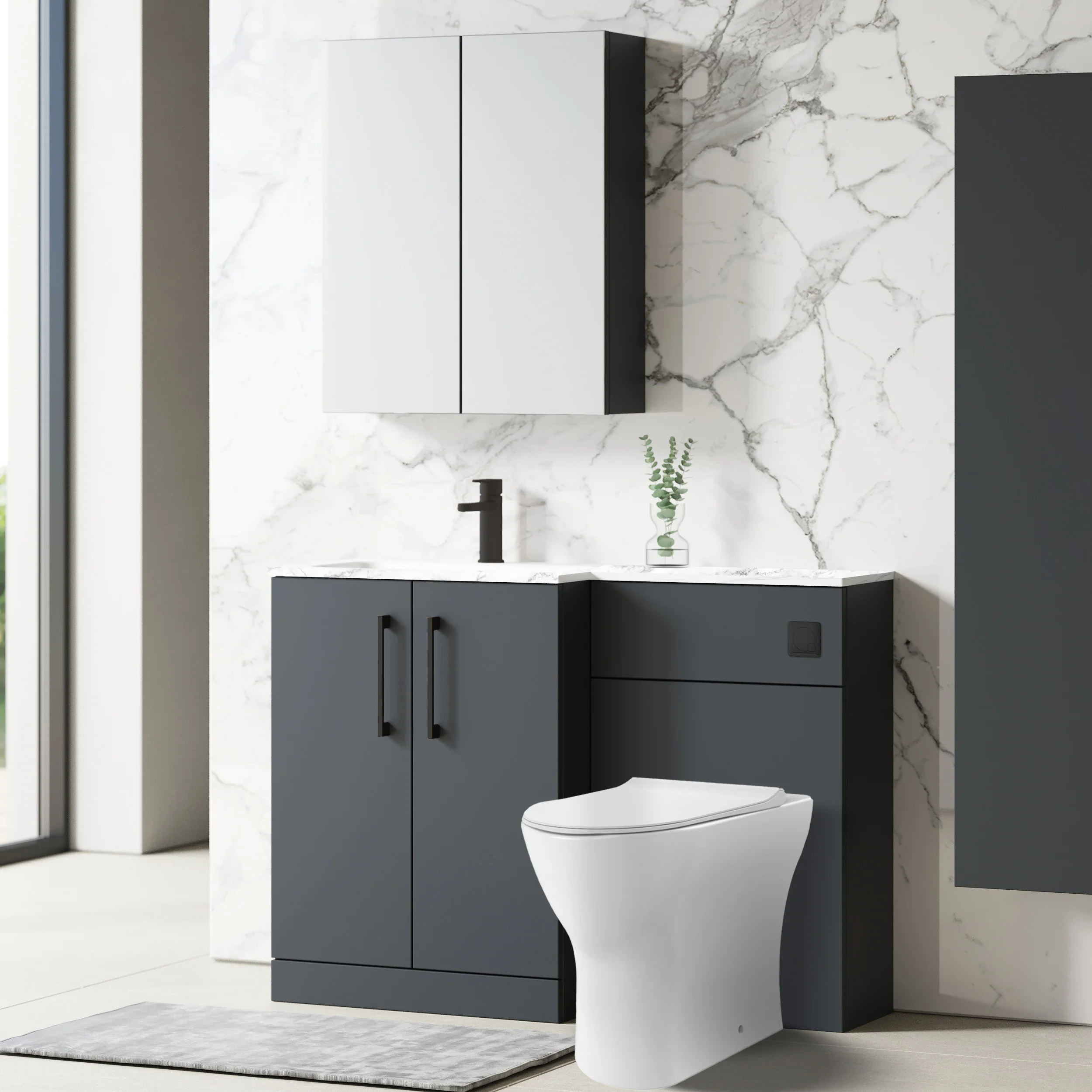 Nuie Arno L-Shaped 1100 Floor Standing Marble Stone Basin Combination Unit - Soft Black with Freya Toilet - Image 3