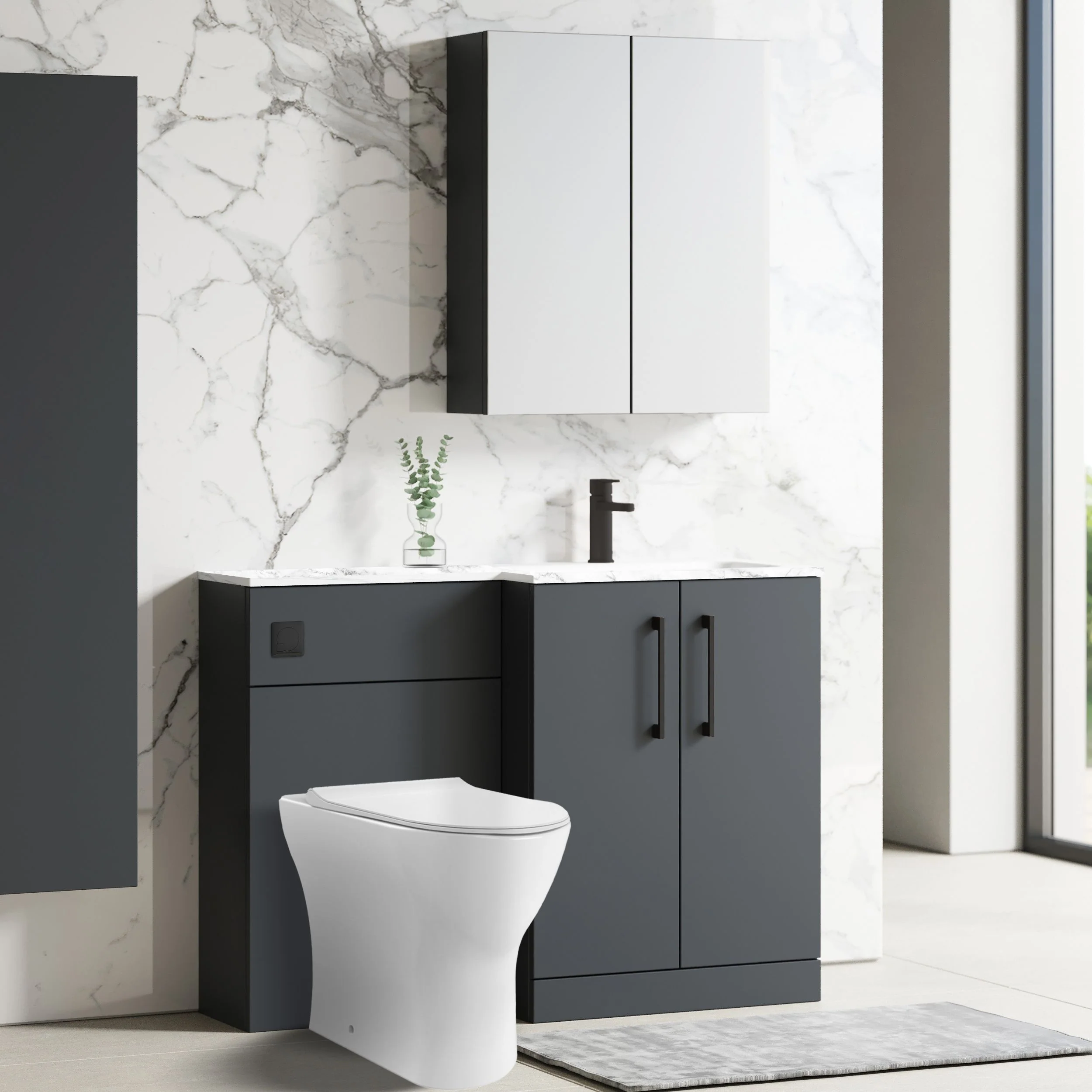 Nuie Arno L-Shaped 1100 Floor Standing Marble Stone Basin Combination Unit - Soft Black with Freya Toilet - Image 4