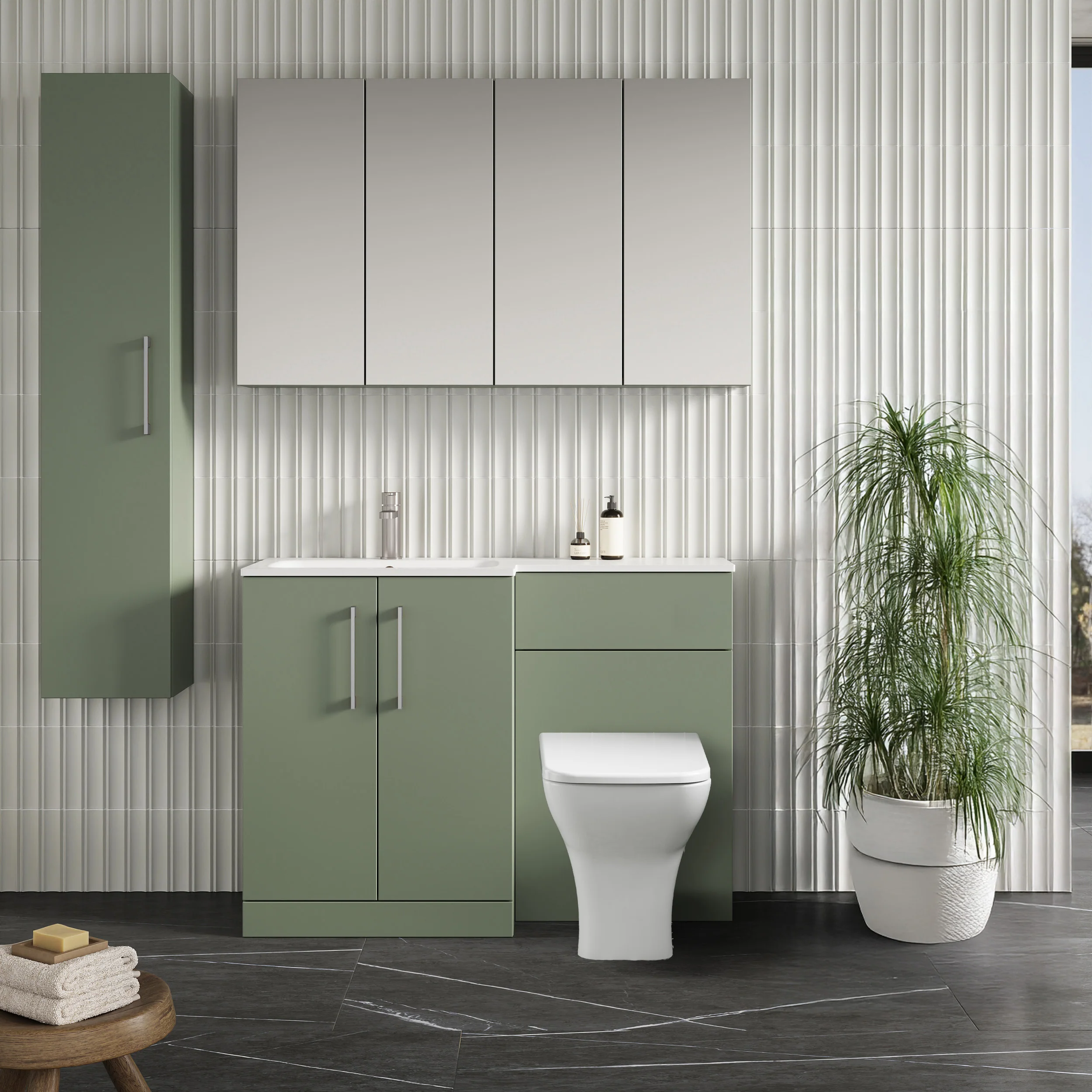 Nuie Arno L-Shaped 1100 Floor Standing Solid Stone Basin Combination Unit - Satin Green with Brava Toilet