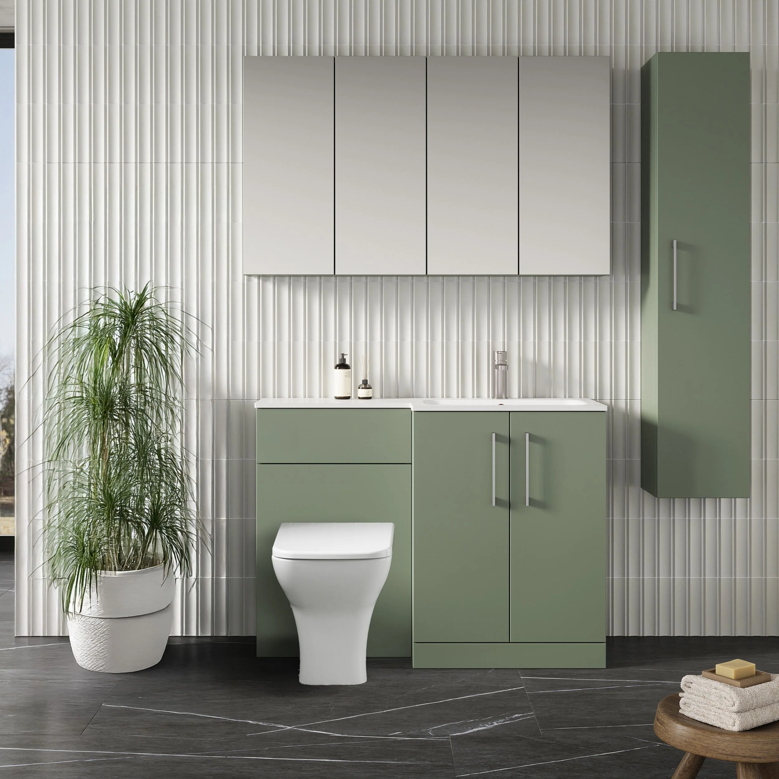 Nuie Arno L-Shaped 1100 Floor Standing Solid Stone Basin Combination Unit - Satin Green with Brava Toilet - Image 2