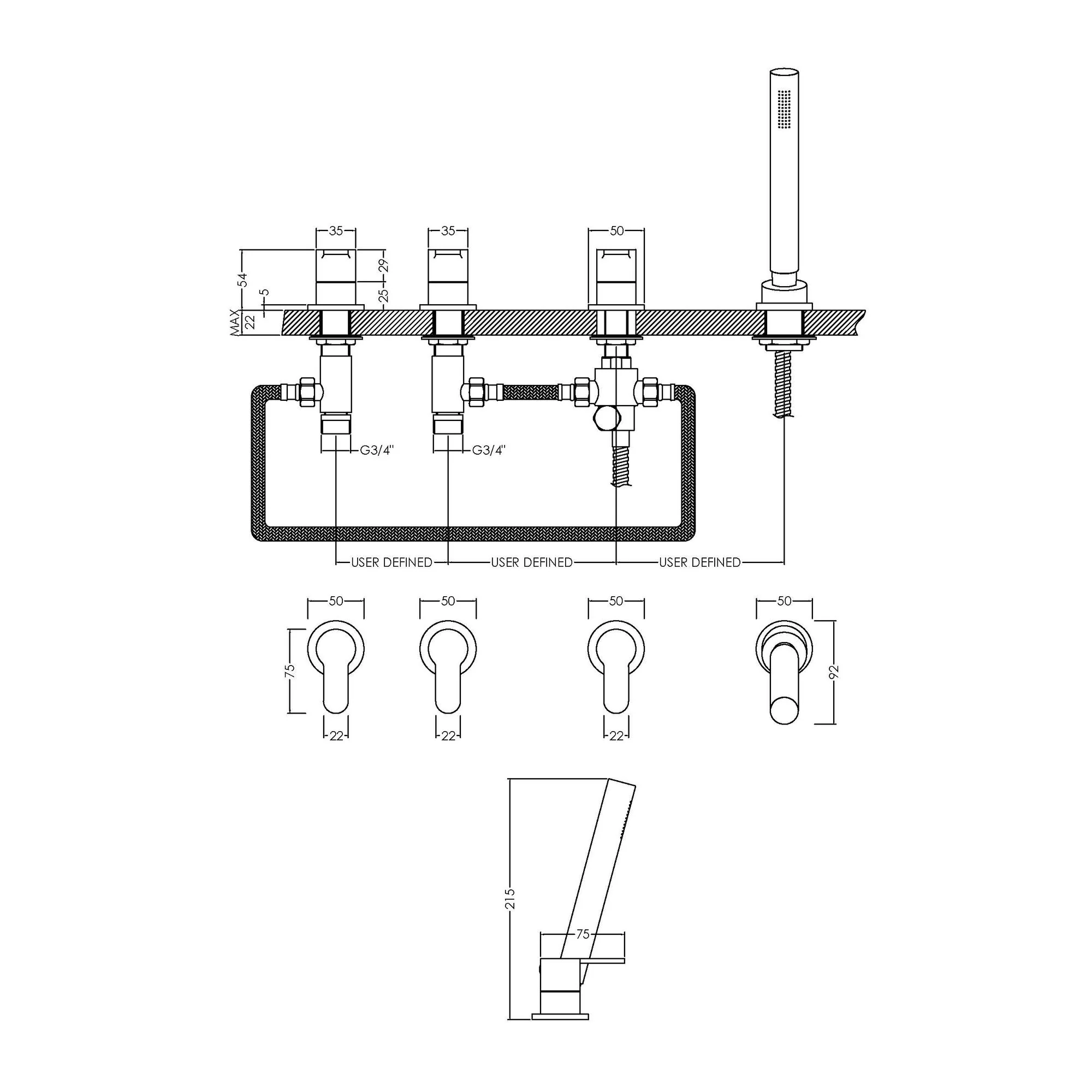 Nuie Arvan Deck Mounted 4 Tap Hole Bath Shower Mixer No Spout - Chrome - Image 5
