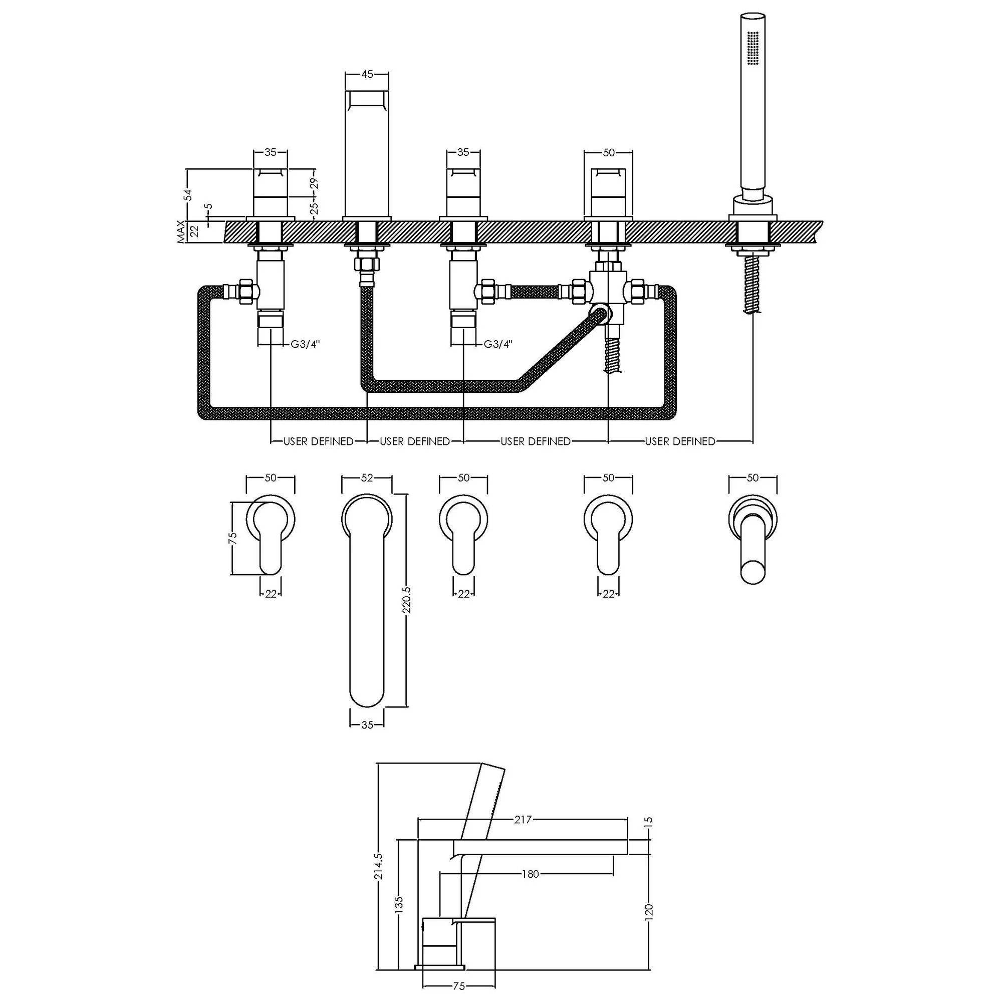 Nuie Arvan  Deck Mounted 5 Tap Hole Bath Shower Mixer - Chrome - Image 4