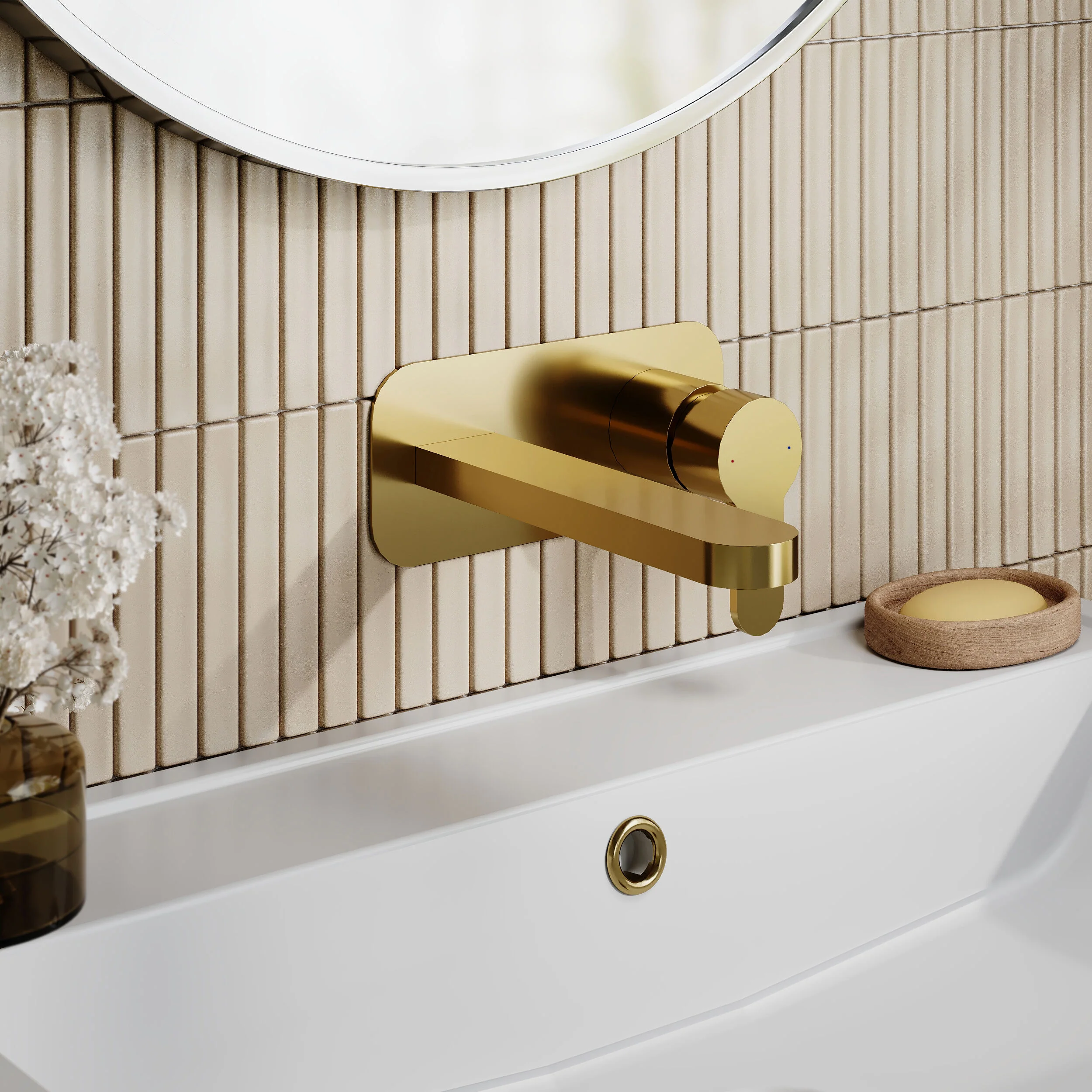 Nuie Arvan Wall Mounted 2 Tap Hole Basin Mixer With Plate - Brushed Brass - Image 2