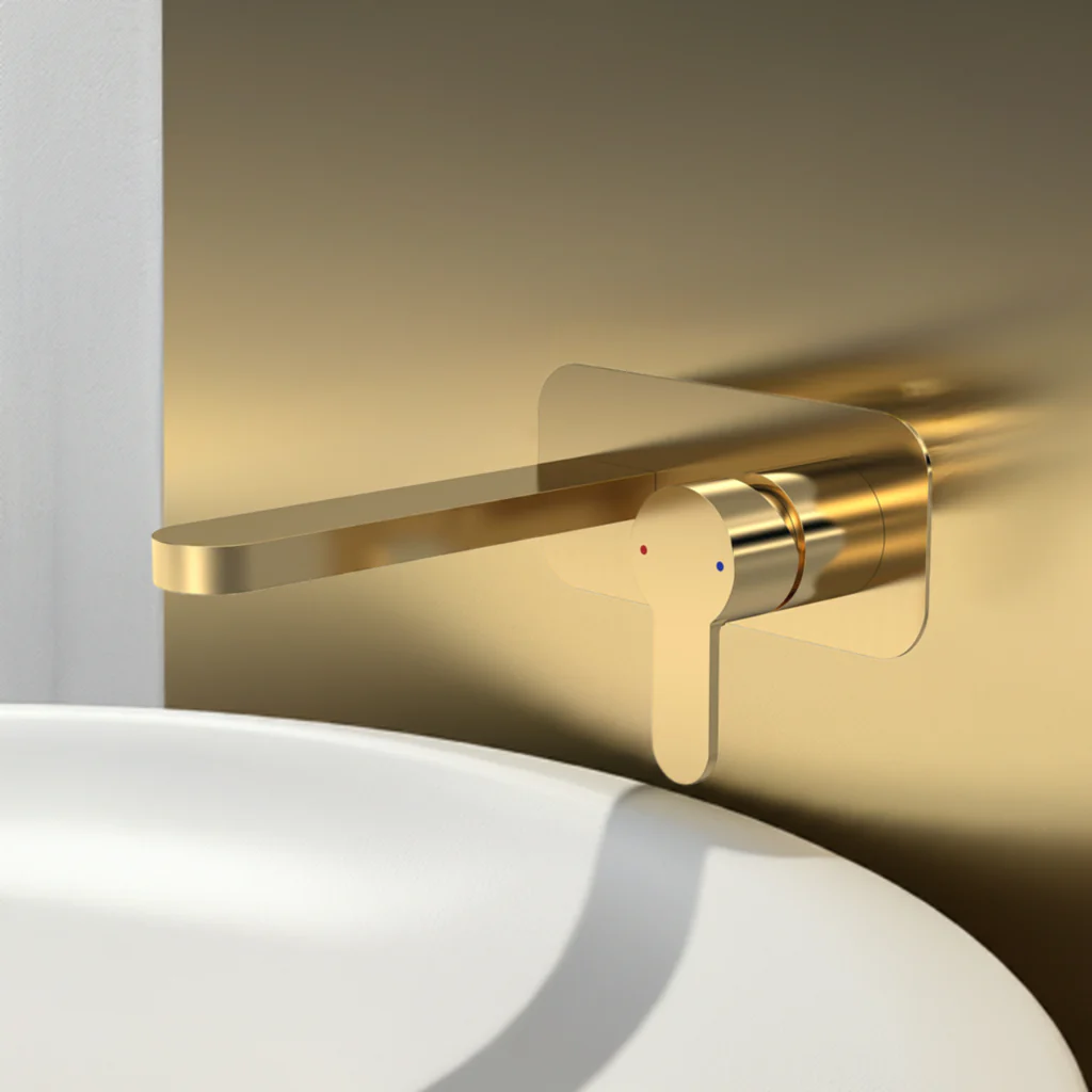 Nuie Arvan Wall Mounted 2 Tap Hole Basin Mixer With Plate - Brushed Brass - Image 3