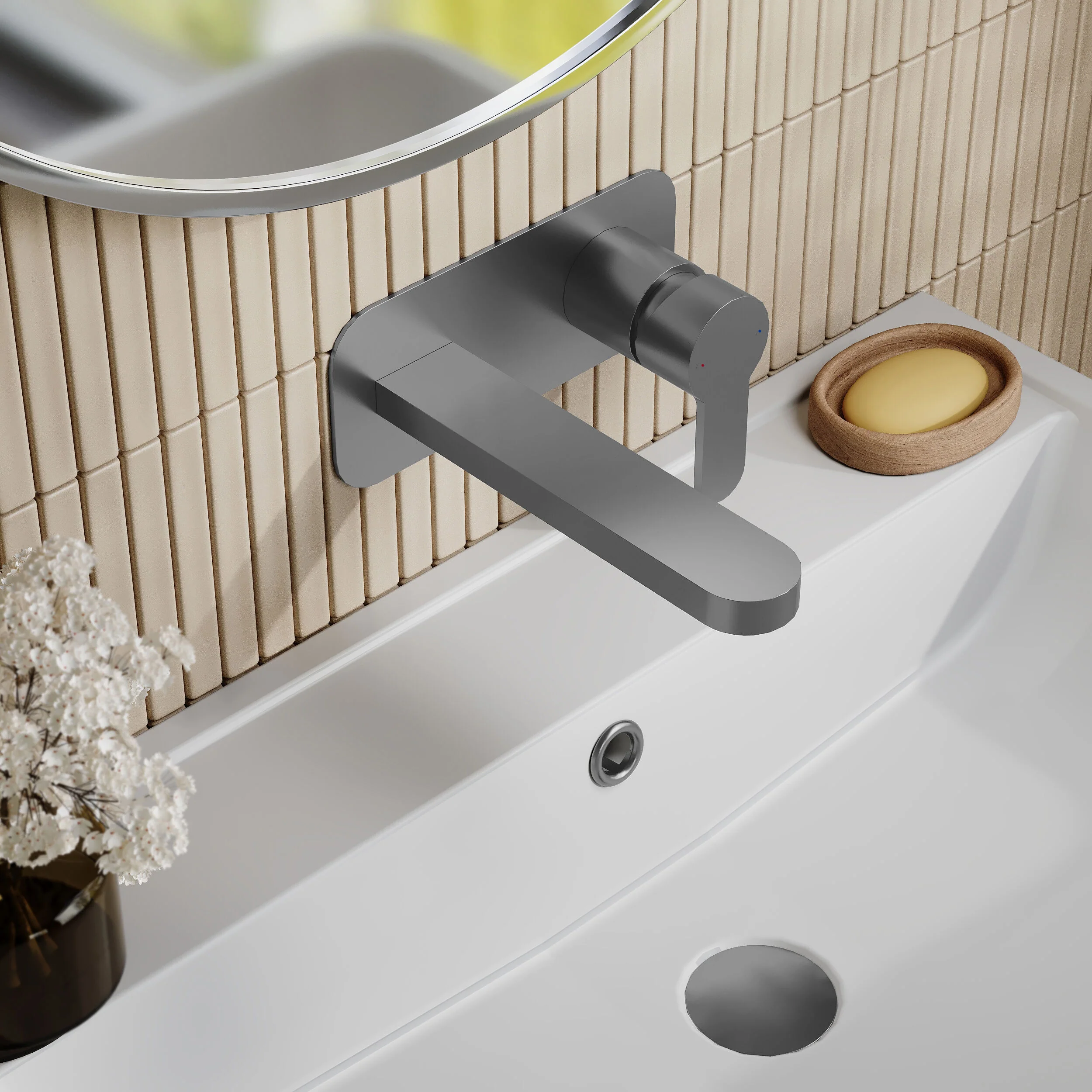 Nuie Arvan Wall Mounted 2 Tap Hole Basin Mixer With Plate - Brushed Gun Metal