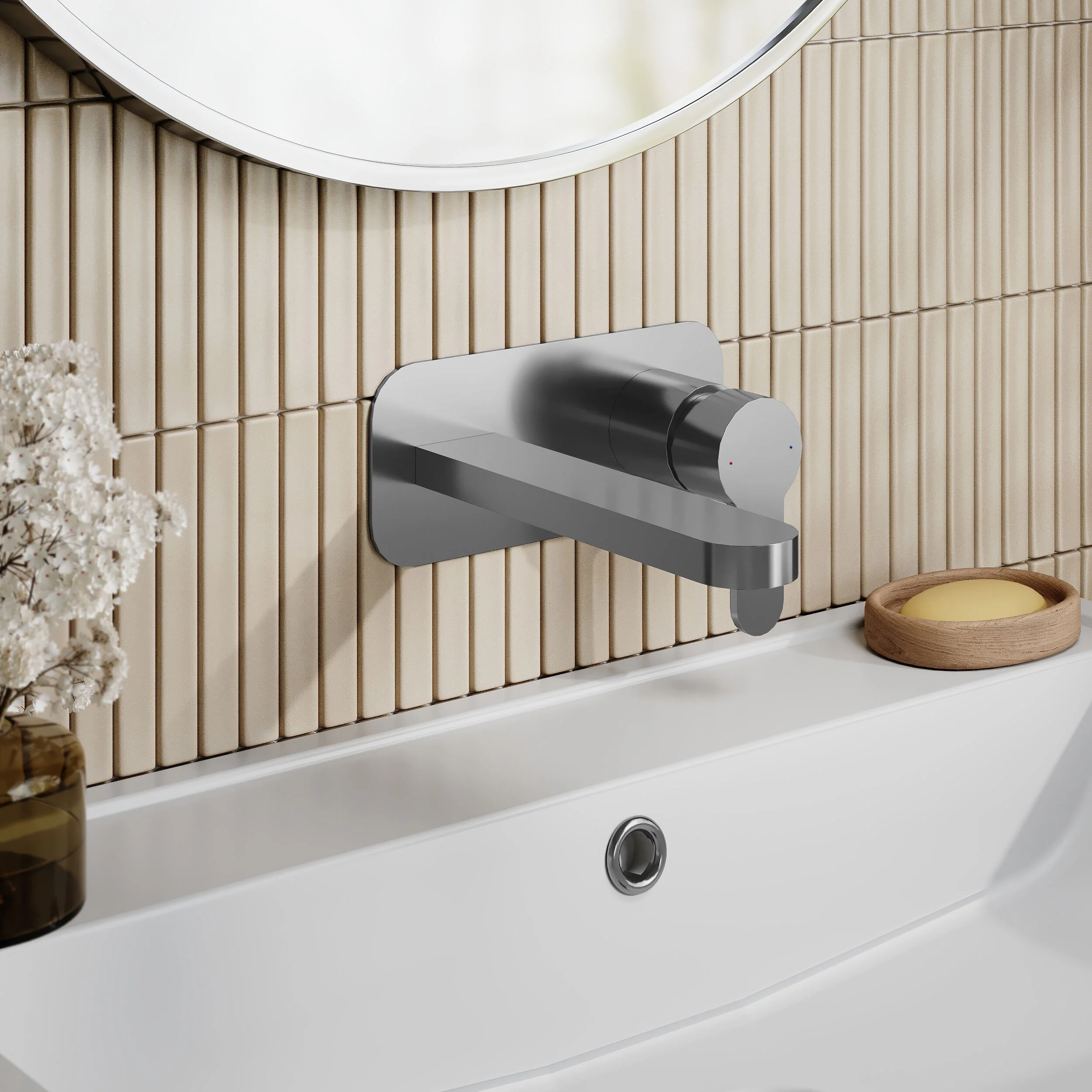 Nuie Arvan Wall Mounted 2 Tap Hole Basin Mixer With Plate - Brushed Gun Metal - Image 2