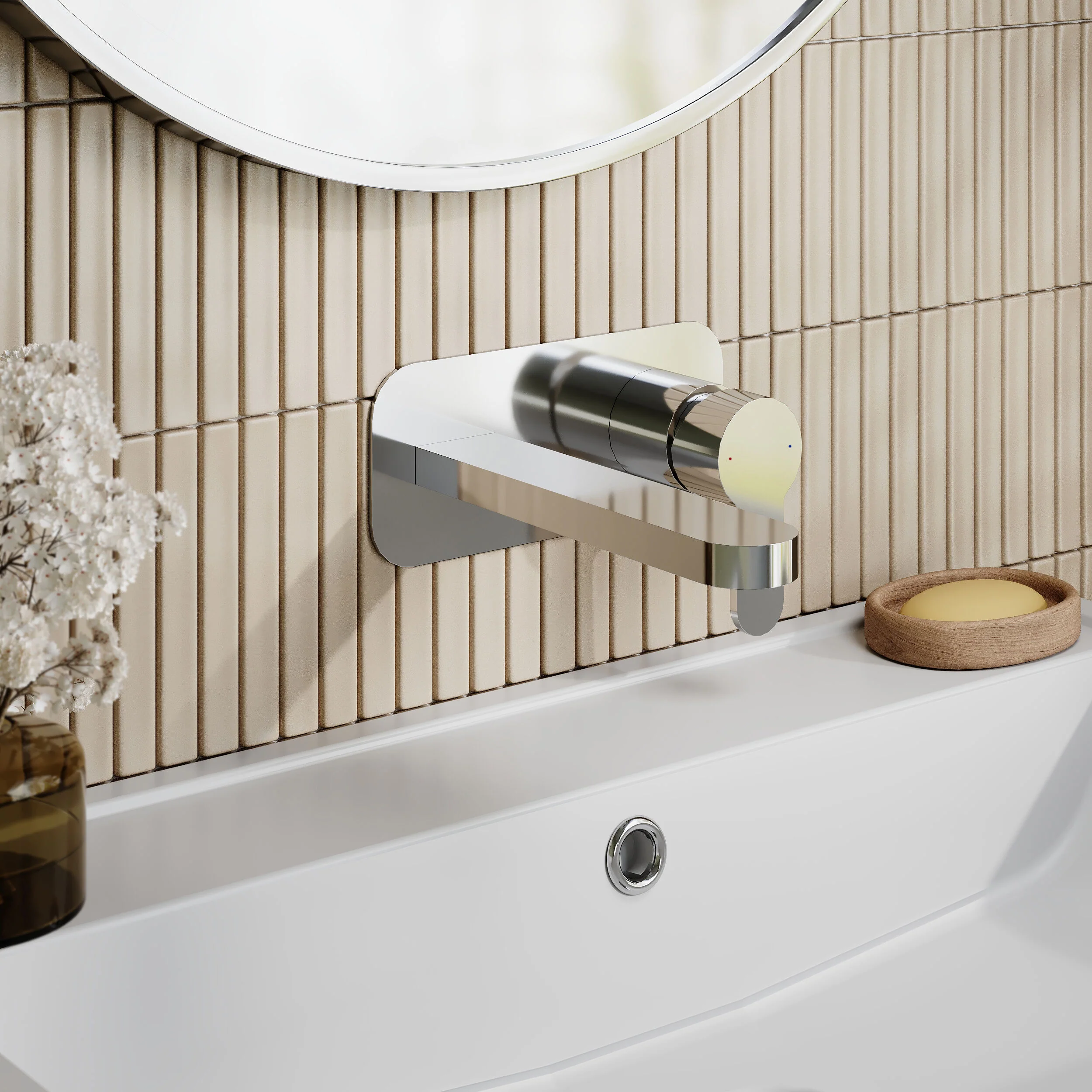Nuie Arvan Wall Mounted 2 Tap Hole Basin Mixer With Plate - Chrome - Image 2