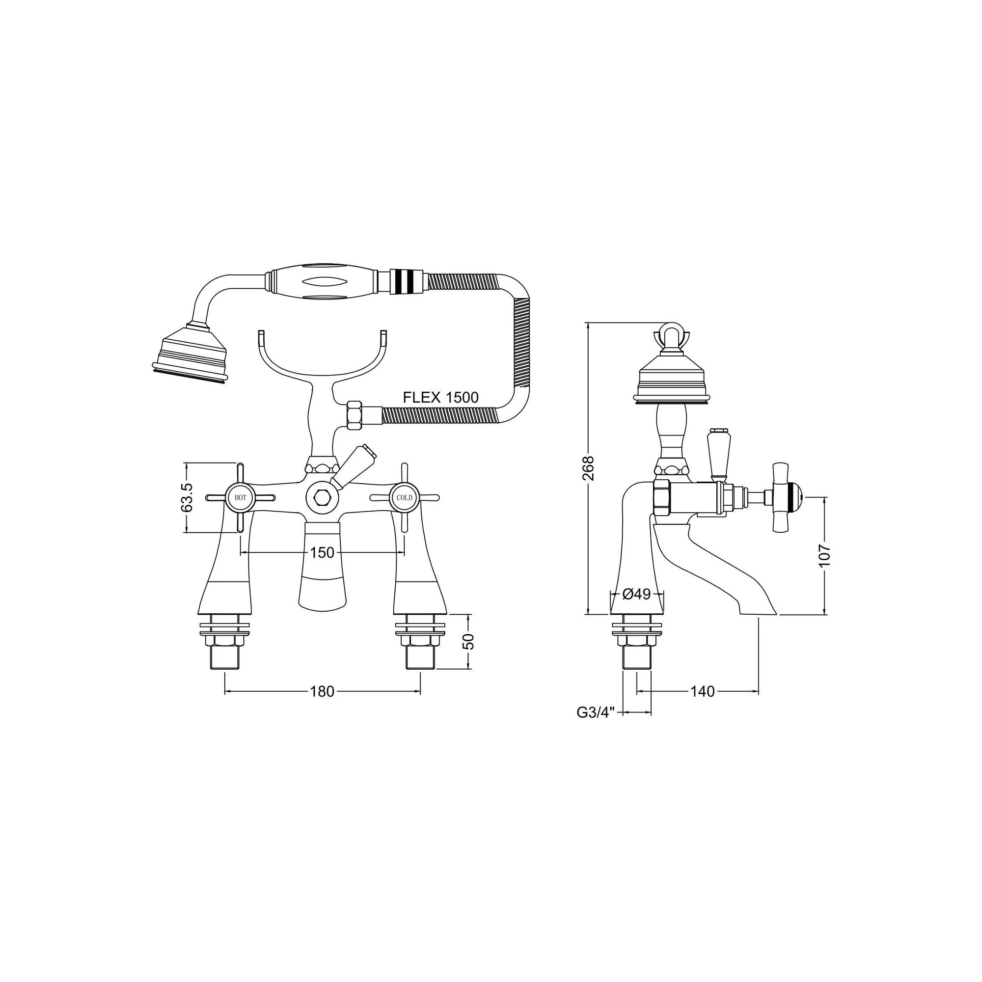 Nuie Beaumont 1/2 Bath Shower Mixer Tap Pillar Mounted Chrome - Image 5